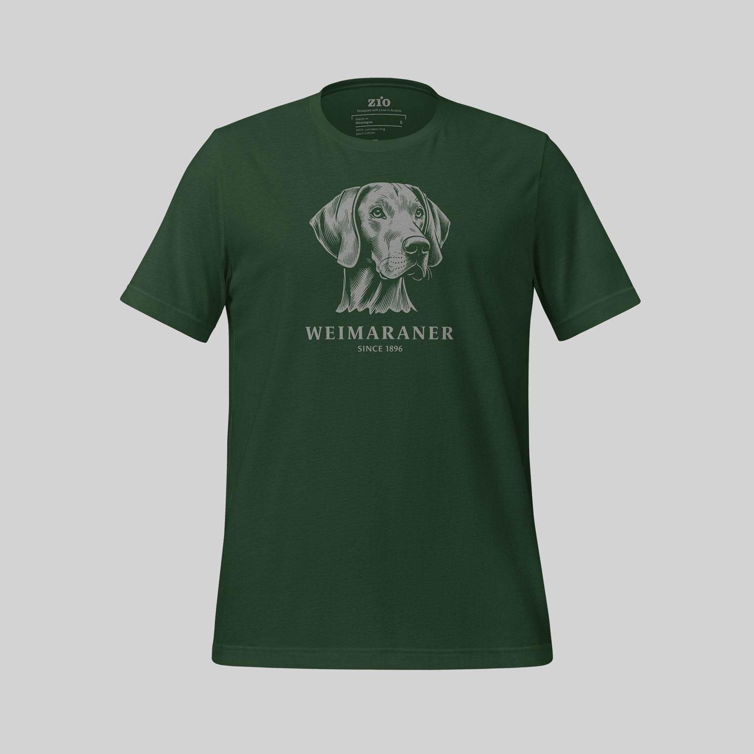 Green ZIO T-Shirt with hand-drawn Weimaraner illustration
