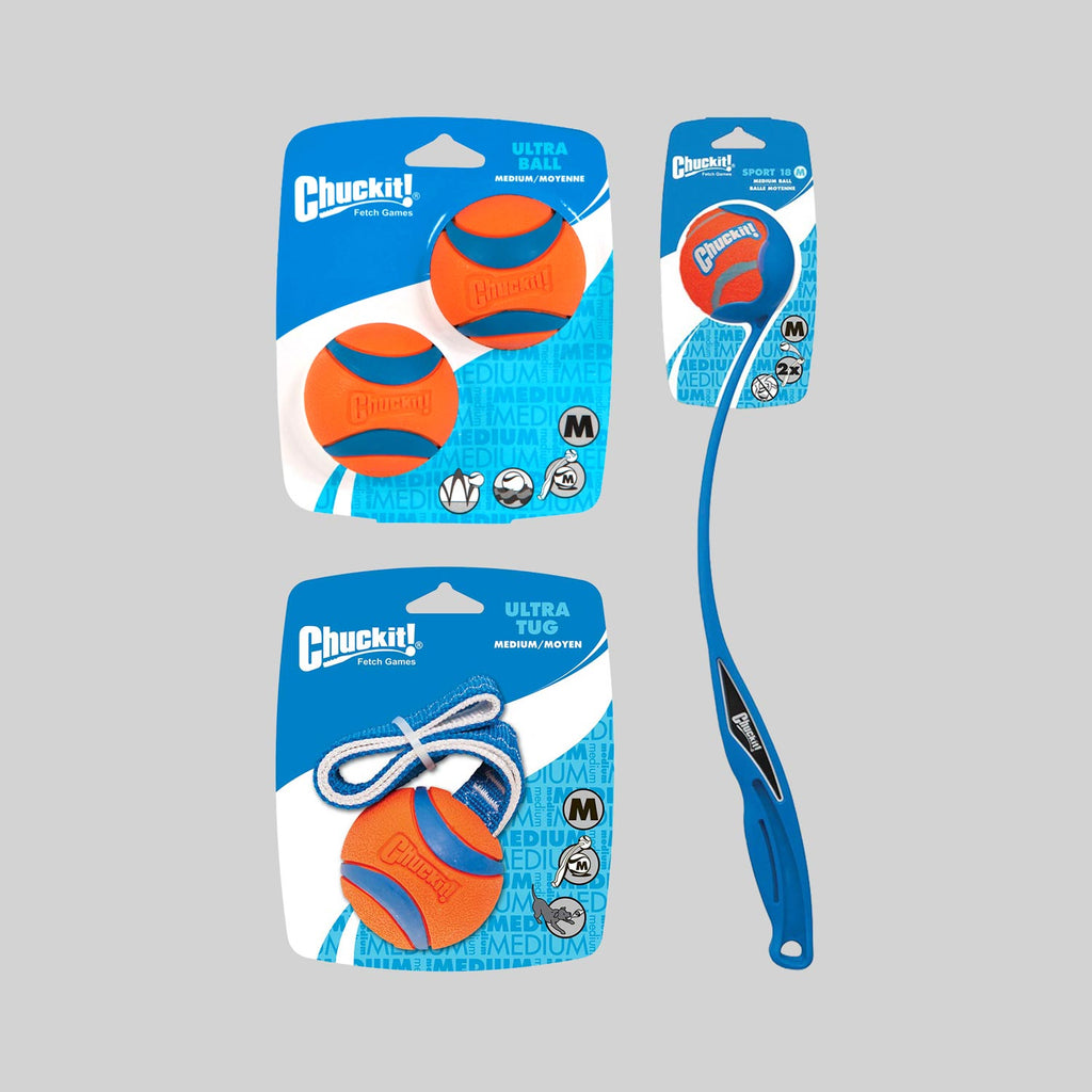 "Chuckit! Action Set M" dog toys by ZIO. Included: Ultra Ball M (2-pack), Ultra Tug M and Sport Launcher M – 45 cm.