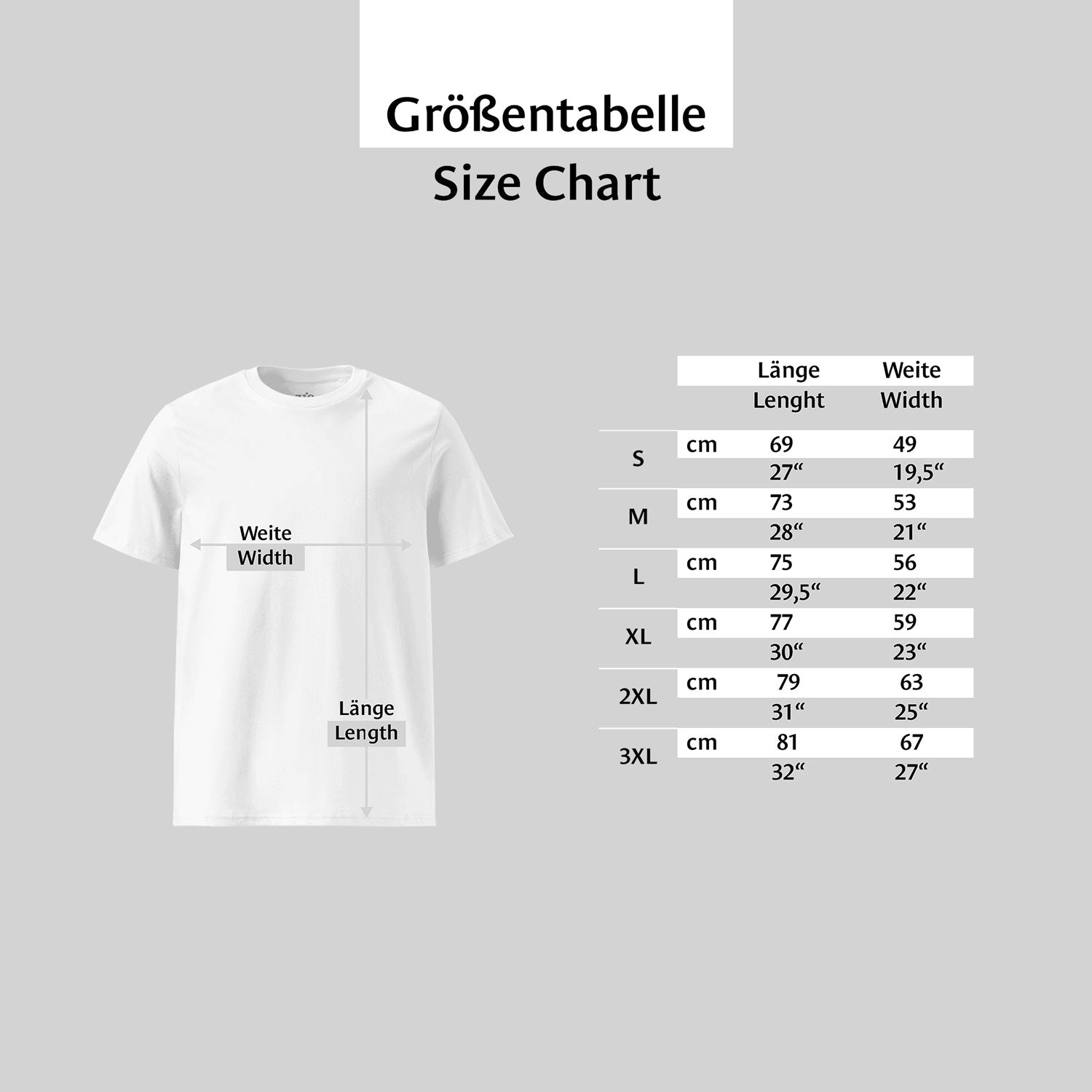 ZIO Organic Cotton T-Shirt Size Chart in centimeter and inch.