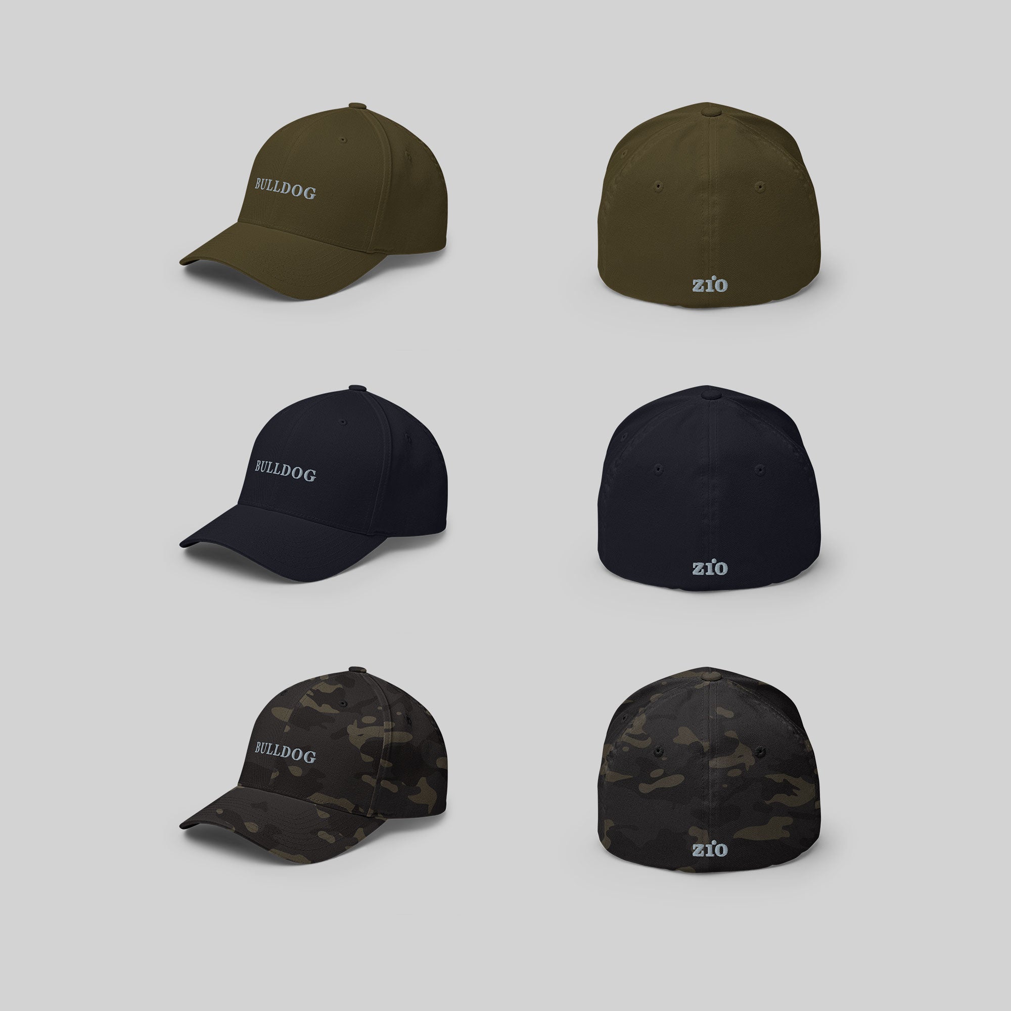 Bulldog Cap by ZIO in green, blue and multicam, dog breed "Bulldog" and ZIO logo embroidered.