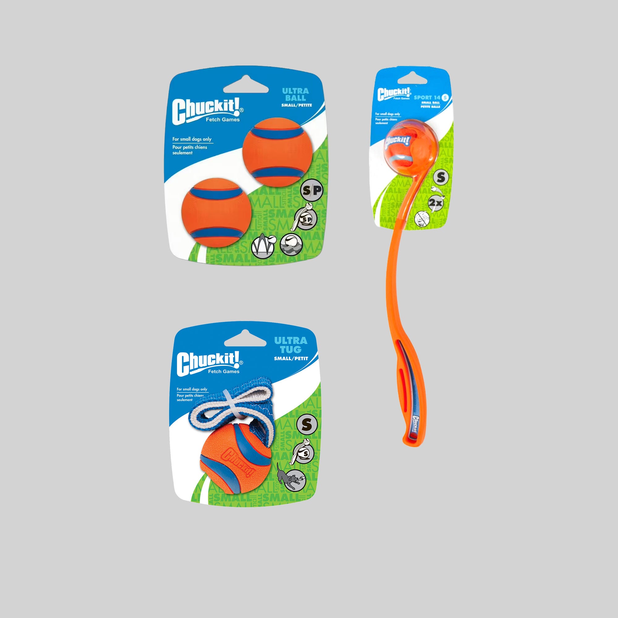 "Chuckit! Action Set S" dog toys by ZIO. Included: Ultra Ball S (2-pack), Ultra Tug S and Sport Launcher S – 35 cm.
