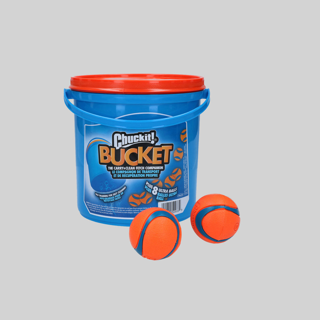 "Chuckit! Bucket Ultra Ball M" dog toy – 8-piece set in bucket, durable natural rubber dog balls, floatable and long-lasting.
