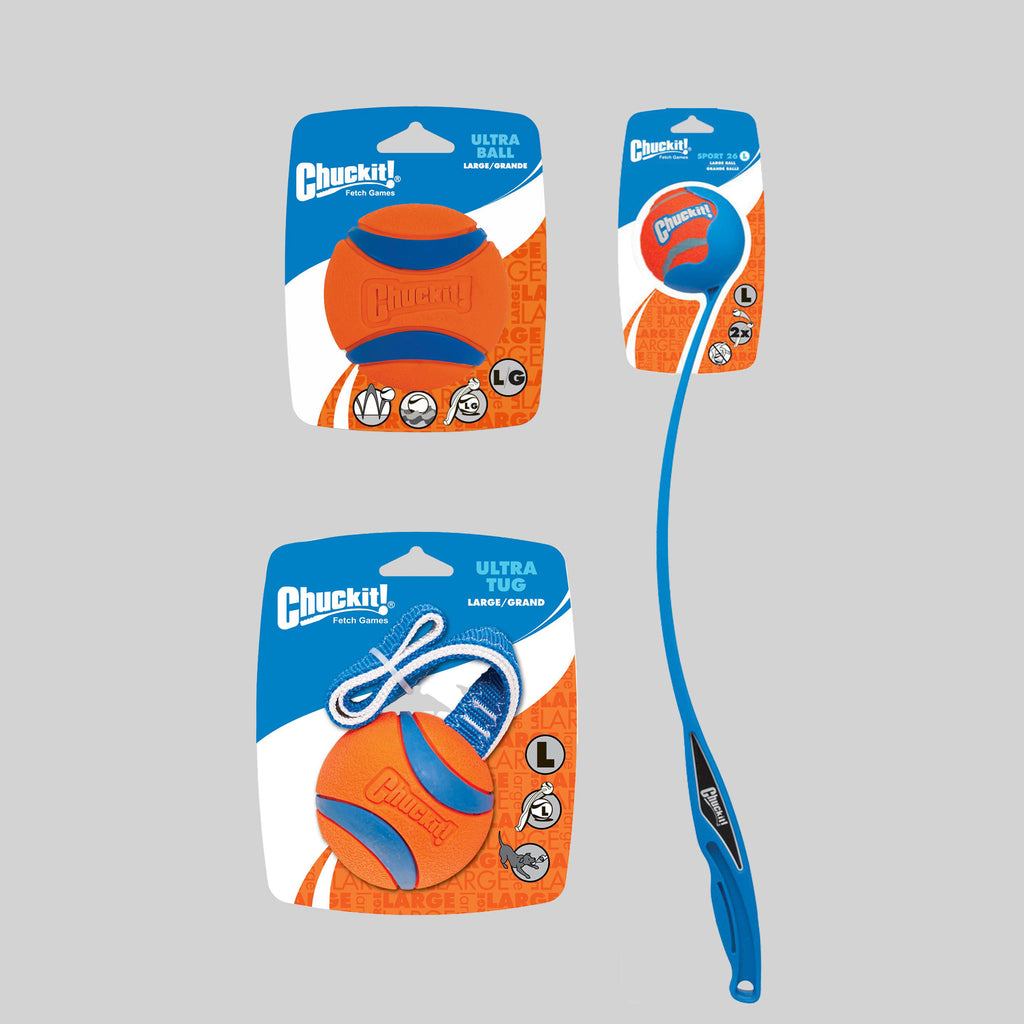 "Chuckit! Action Set L" dog toys by ZIO. Included: Ultra Ball L, Ultra Tug L and Sport Launcher L – 66 cm.