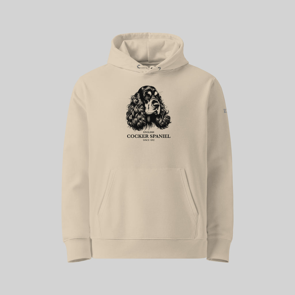 Cocker Spaniel dog breed Hoodie in Desert Dust/ Beige by ZIO – Hand-drawn design, unisex organic cotton hoodie for dog lovers.