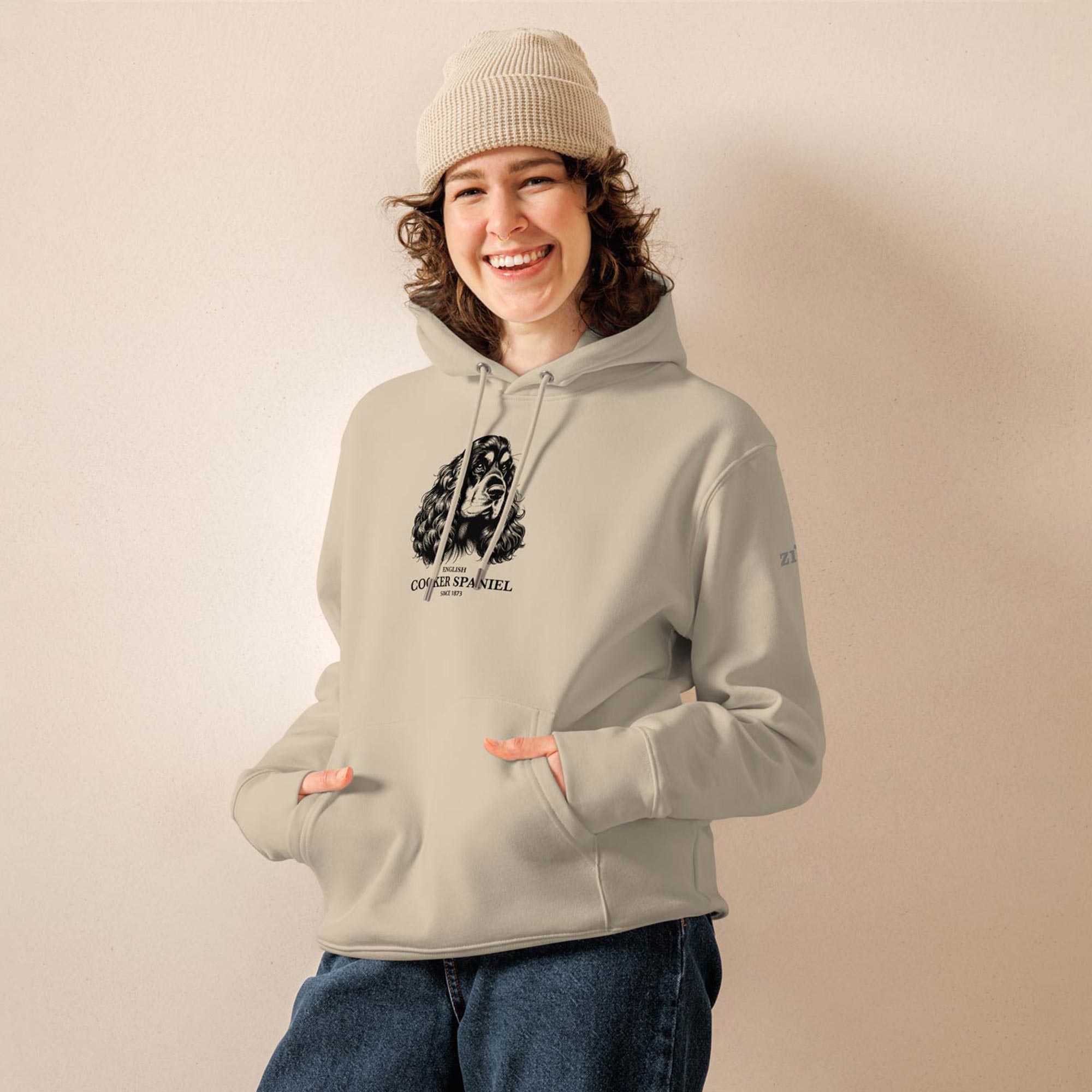 Woman wearing a Cocker Spaniel Hoodie in Desert Dust/ Beige by ZIO