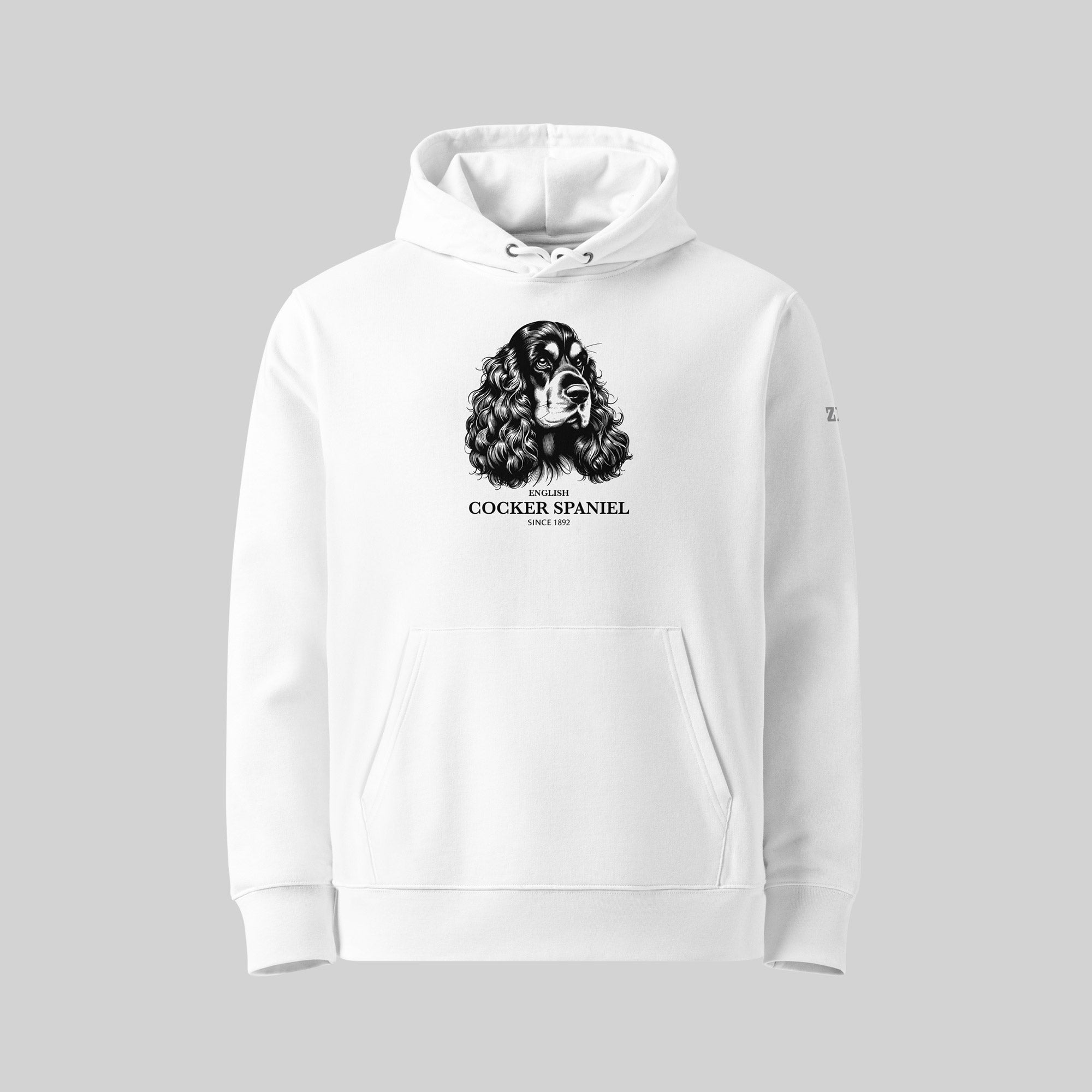 English Cocker Spaniel dog breed Hoodie in White by ZIO – Hand-drawn design, unisex organic cotton hoodie for dog lovers.