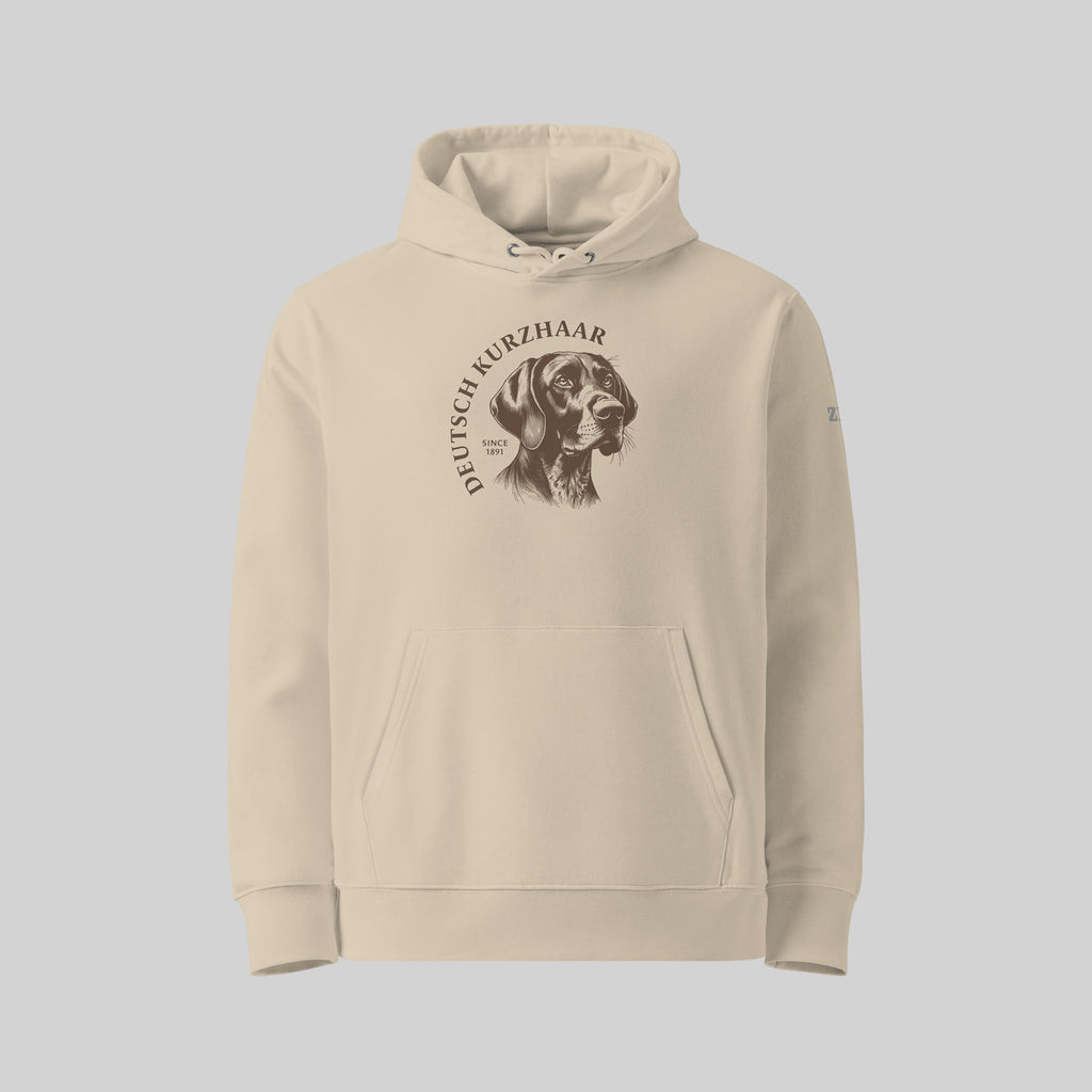 Deutsch Kurzhaar dog breed Hoodie in Desert Dust/ Beige by ZIO – Hand-drawn design, unisex organic cotton hoodie for dog lovers.