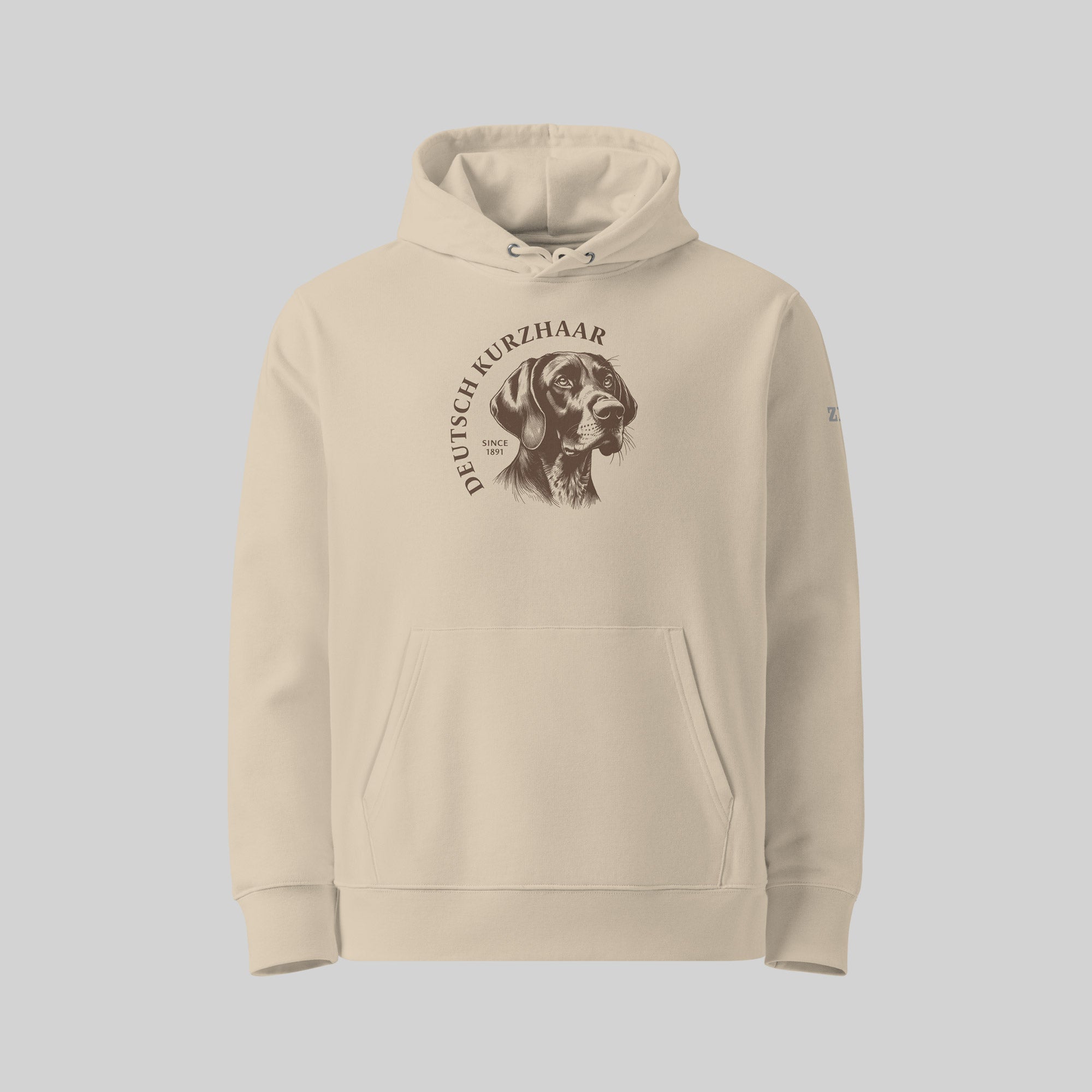 Deutsch Kurzhaar dog breed Hoodie in Desert Dust/ Beige by ZIO – Hand-drawn design, unisex organic cotton hoodie for dog lovers.