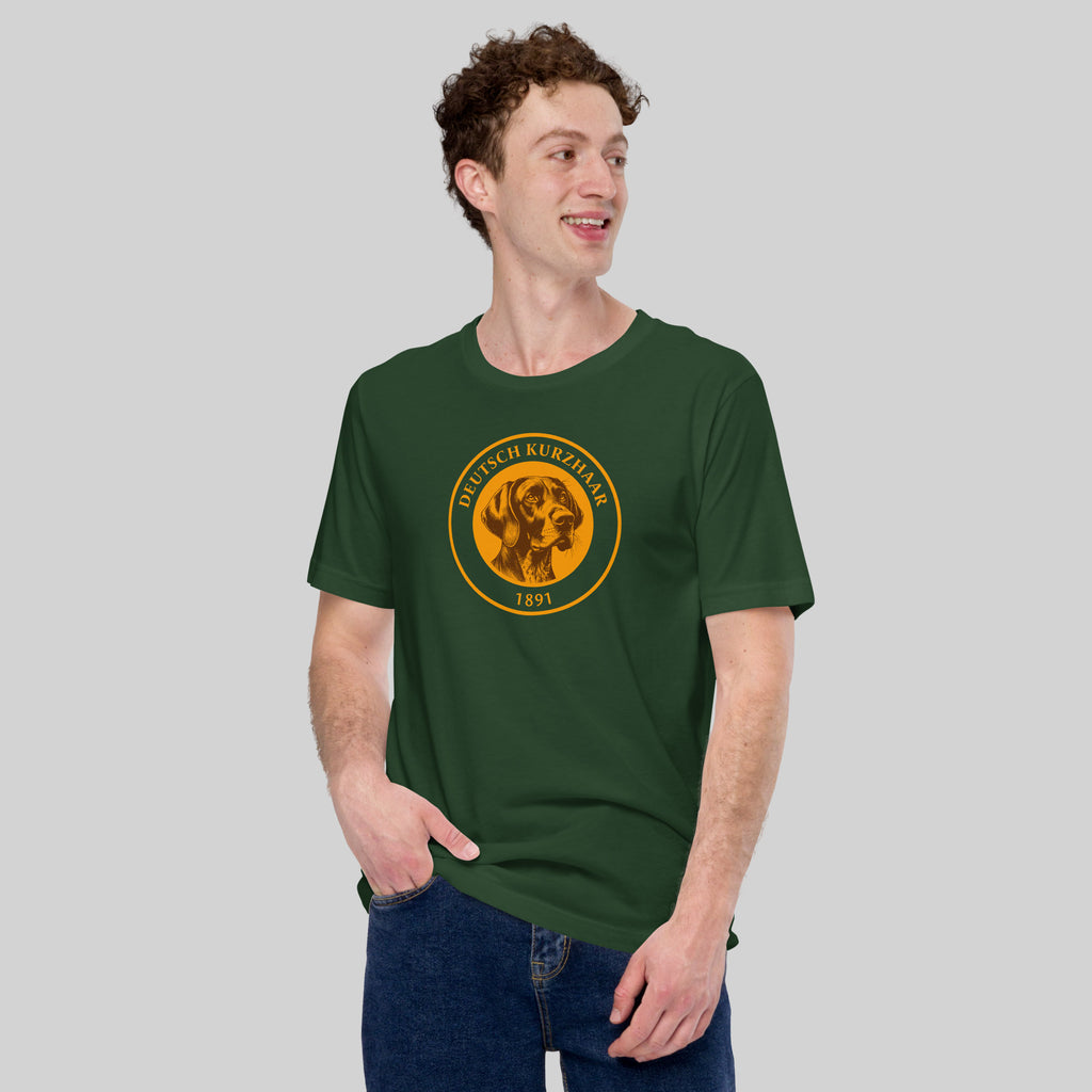 Man wearing a Deutsch Kurzhaar Signet T-Shirt in Desert Green by ZIO