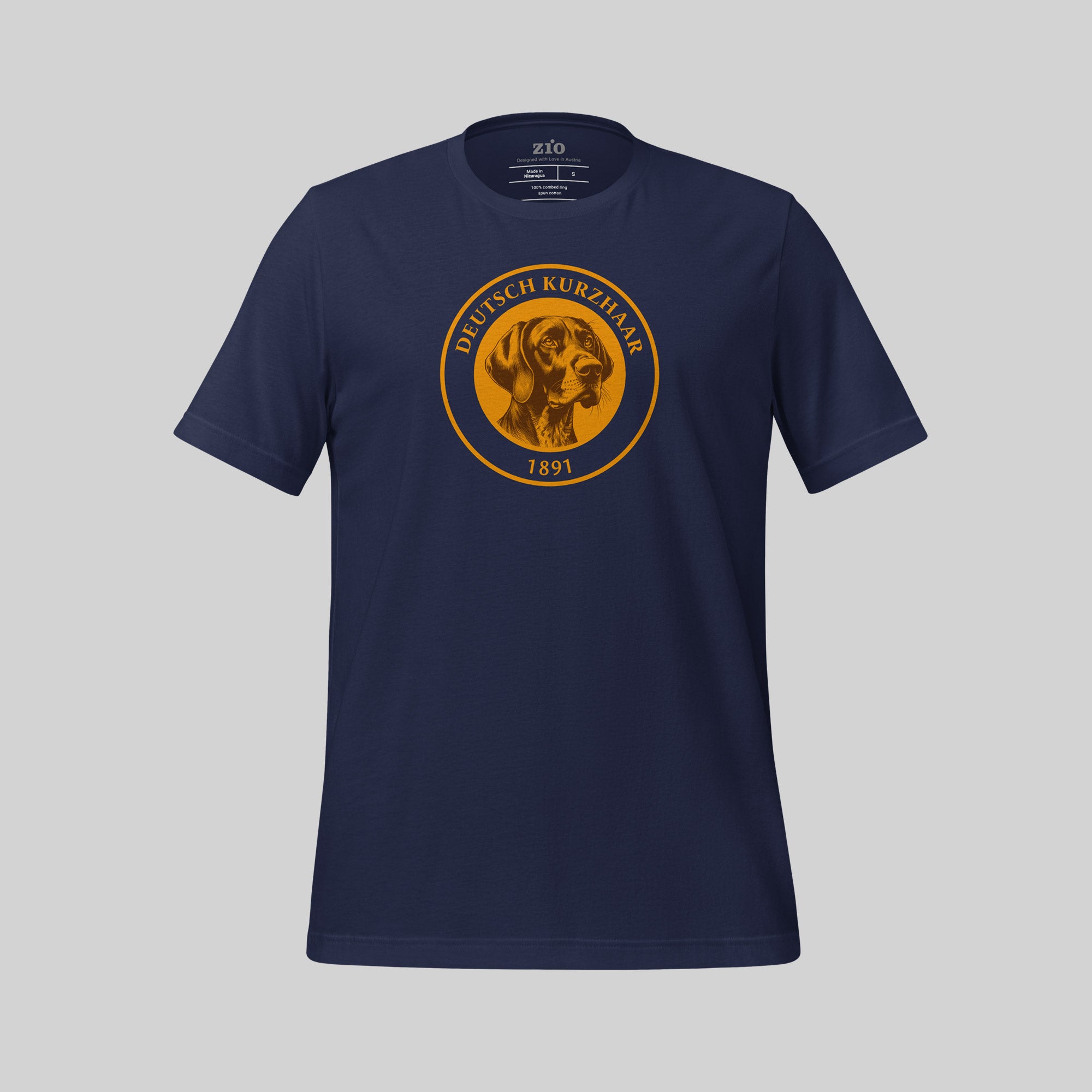 Deutsch Kurzhaar Signet T-Shirt in Blue by ZIO – Hand-drawn dog breed design, unisex cotton T-Shirt for dog lovers.