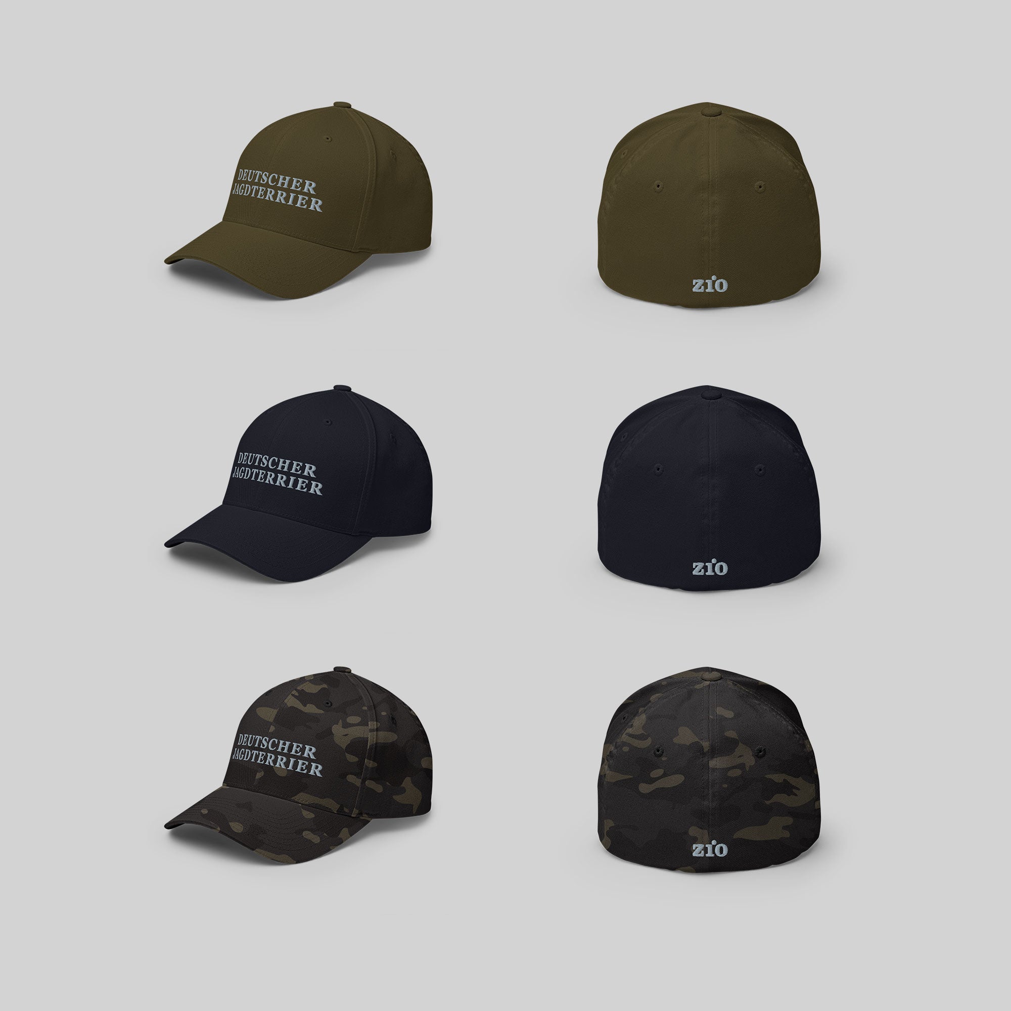 German Hunting Terrier Cap by ZIO in green, blue and multicam, dog breed "Deutscher Jagdterrier" and ZIO logo embroidered.