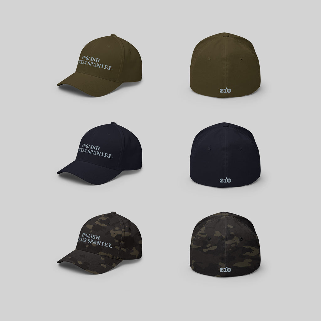 English Cocker Spaniel Cap by ZIO in green, blue and multicam. Dog breed "English Cocker Spaniel" and ZIO logo embroidered.