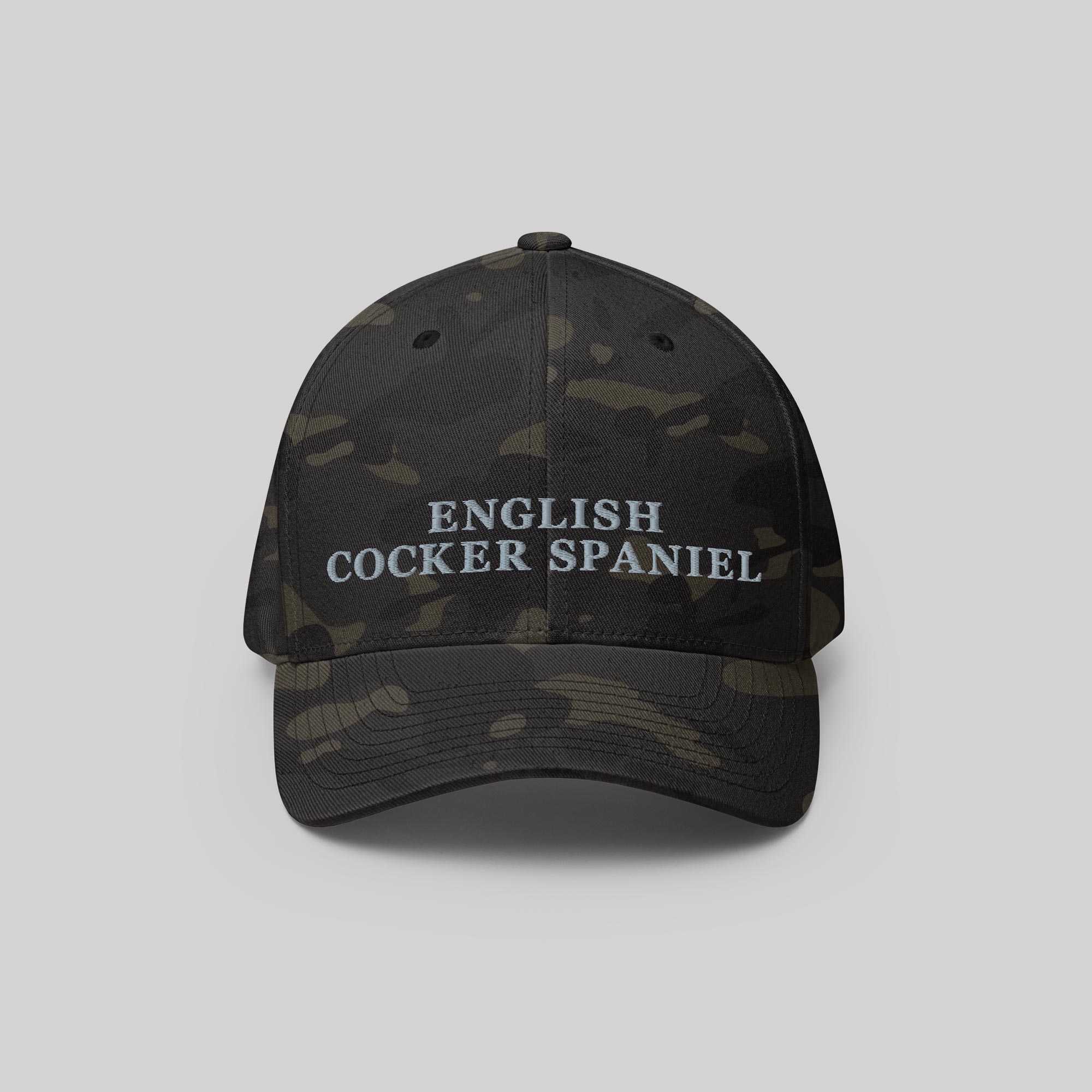English Cocker Spaniel Cap by ZIO in multicam (camouflage). Dog breed “English Cocker Spaniel” embroidered.