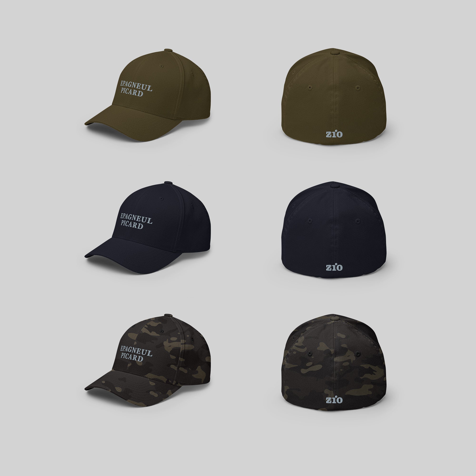 Epagneul Picard Cap by ZIO in green, blue and multicam. Dog breed "Epagneul Picard" and ZIO logo embroidered.