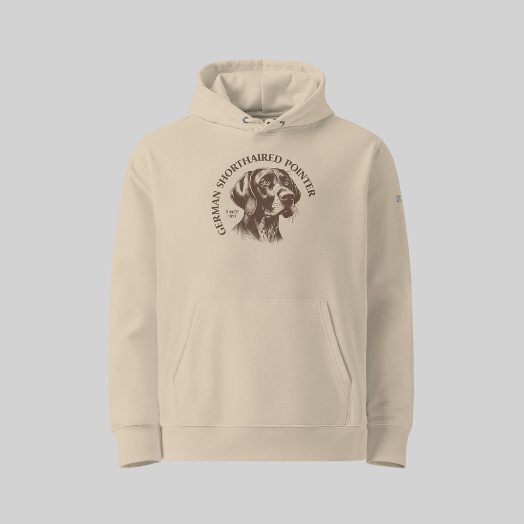 German Shorthaired Pointer dog breed Hoodie in Desert Dust/ Beige by ZIO – Hand-drawn design, unisex organic cotton hoodie for dog lovers.