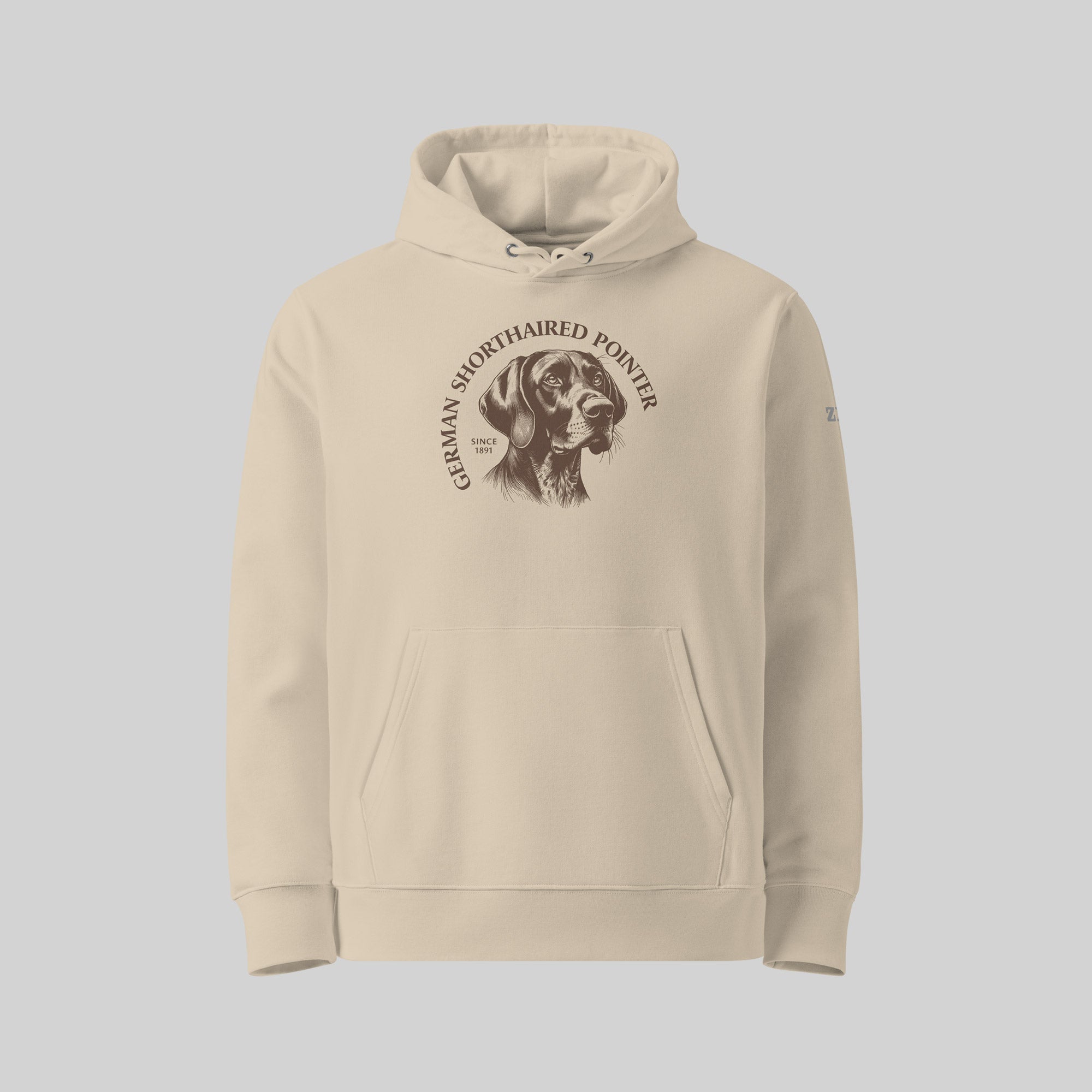 German Shorthaired Pointer dog breed Hoodie in Desert Dust/ Beige by ZIO – Hand-drawn design, unisex organic cotton hoodie for dog lovers.
