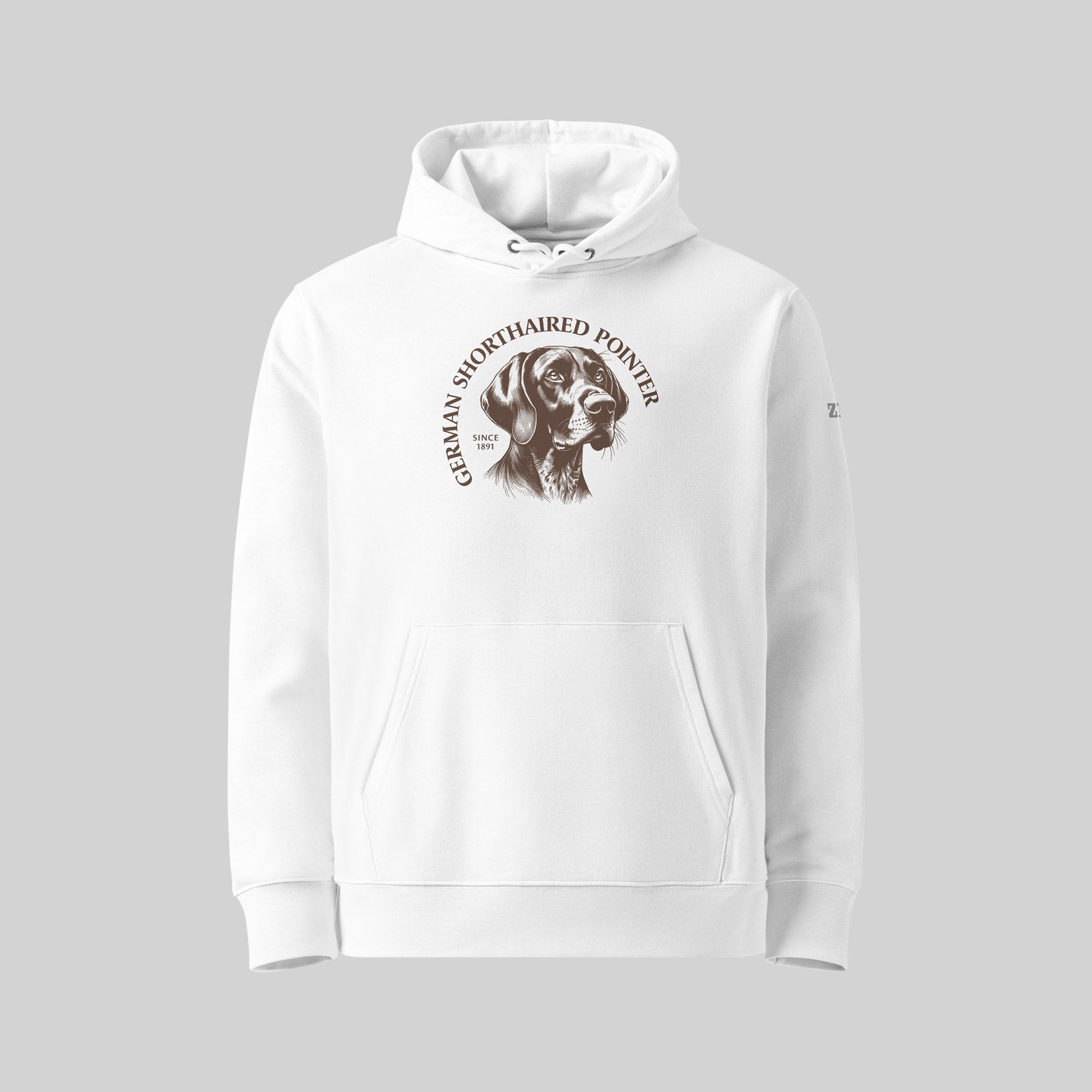 German Shorthaired Pointer dog breed Hoodie in White by ZIO – Hand-drawn design, unisex organic cotton hoodie for dog lovers.