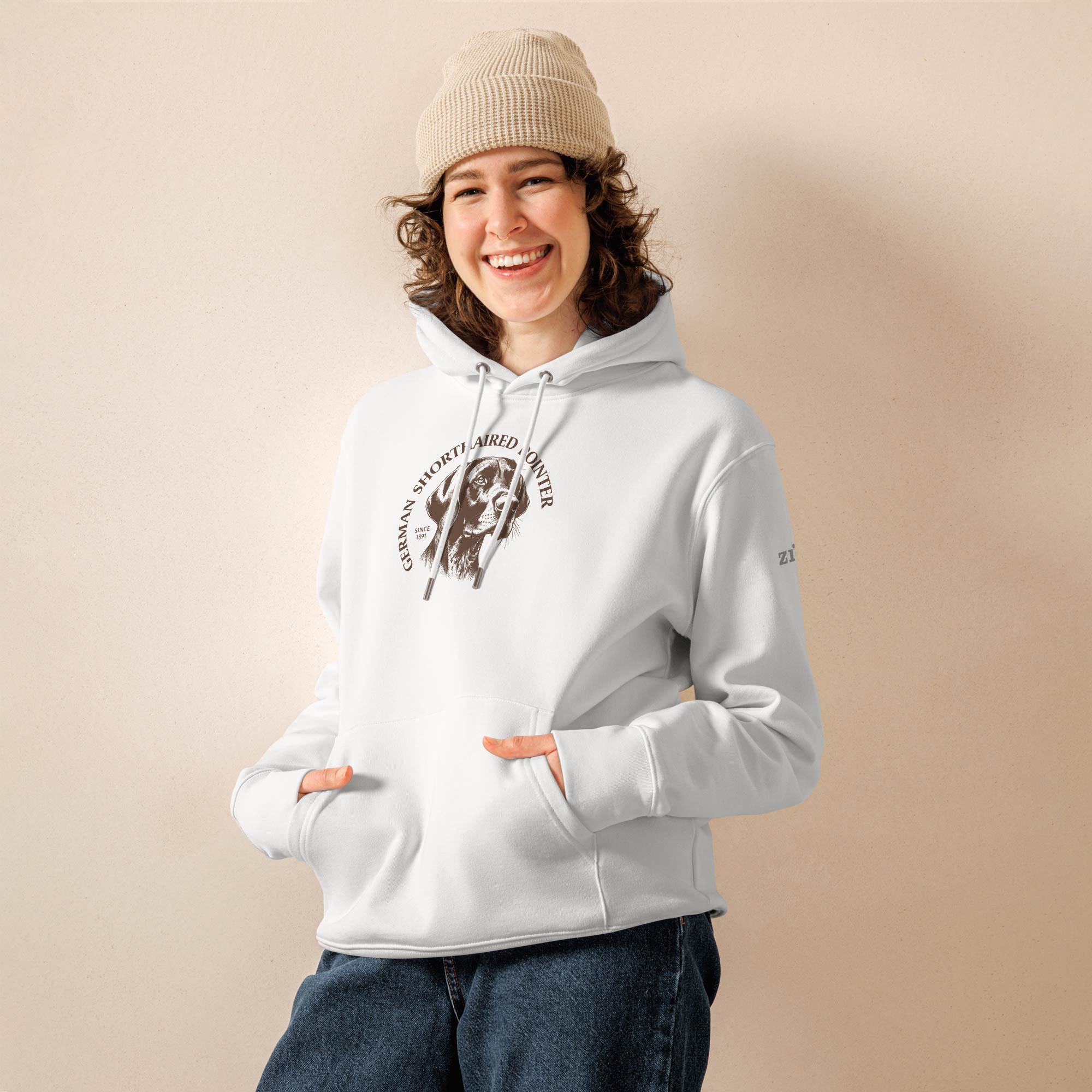 Woman wearing a German Shorthaired Pointer Hoodie in White by ZIO