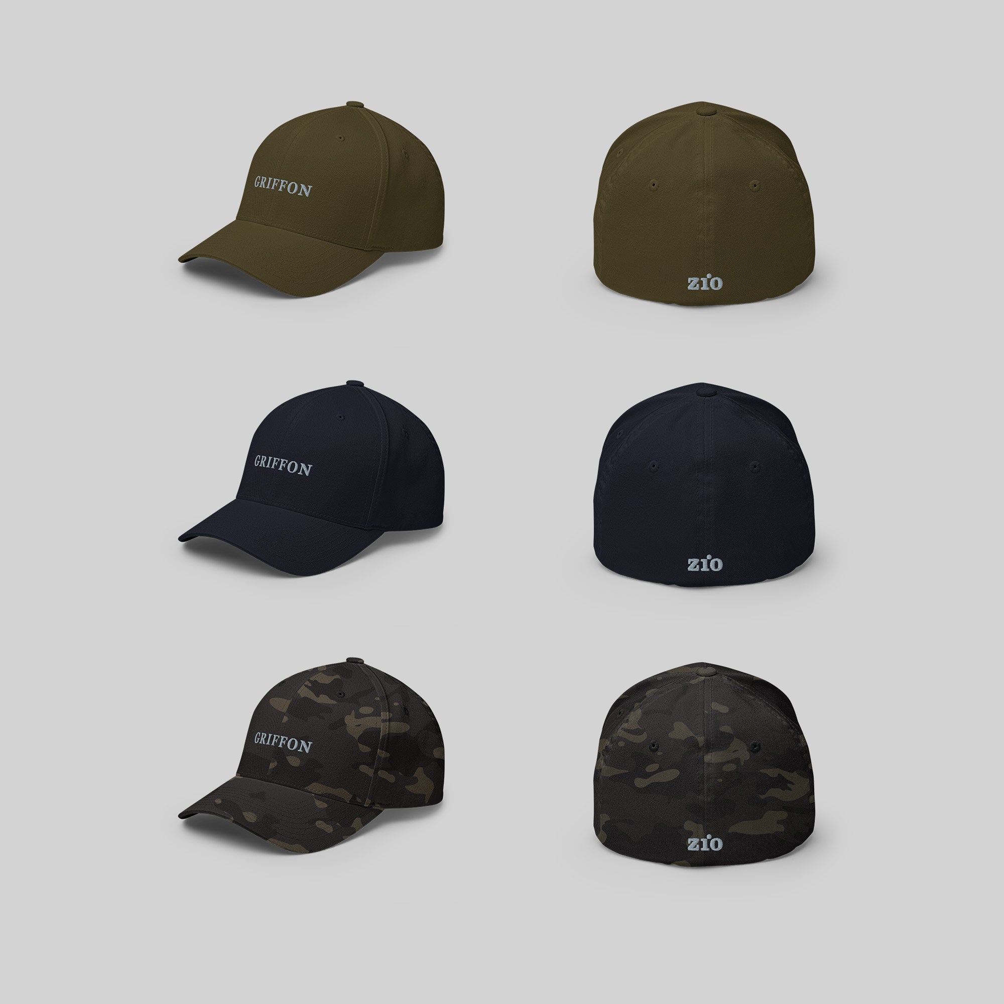 Griffon Cap by ZIO in green, blue and multicam, dog breed "Griffon" (Grifón) and ZIO logo embroidered.