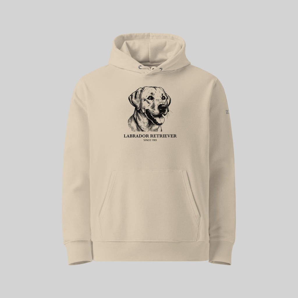 Labrador Retriever dog breed Hoodie in Desert Dust/ Beige by ZIO – Hand-drawn design, unisex organic cotton hoodie for dog lovers.
