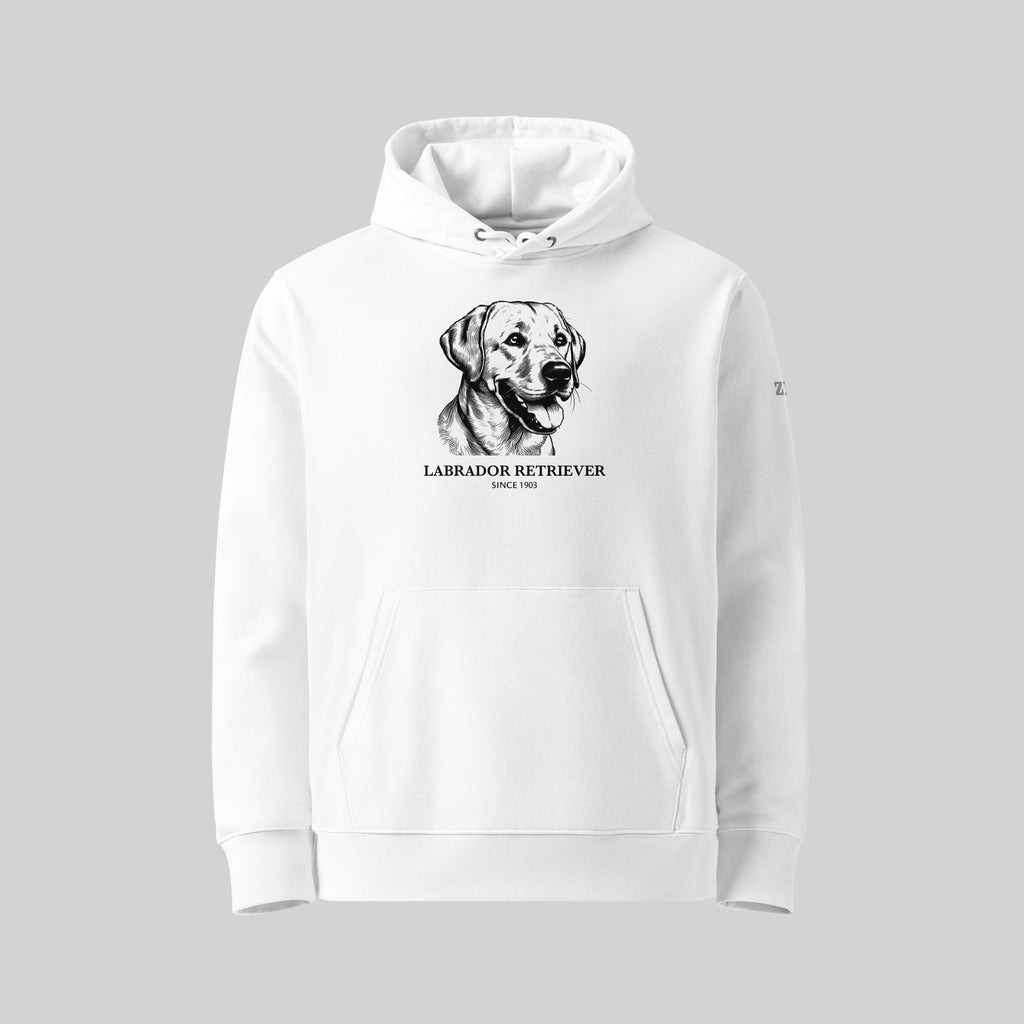 Labrador Retriever dog breed Hoodie in White by ZIO – Hand-drawn design, unisex organic cotton hoodie for dog lovers.