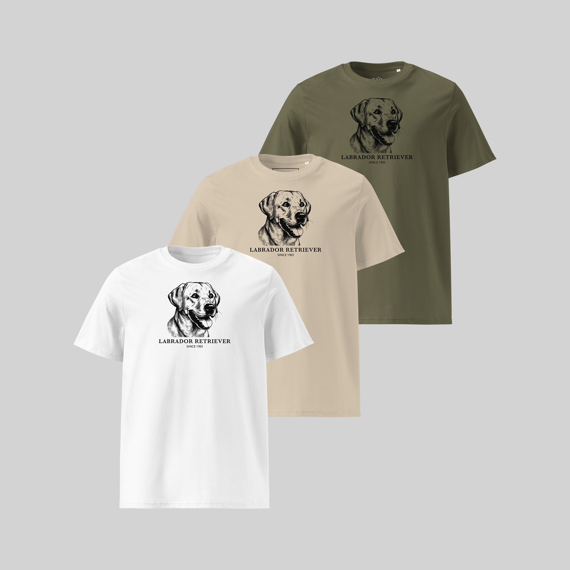 Labrador Retriever T-Shirt in White, Beige and Khaki by ZIO - Hand-drawn dog breed design, unisex organic cotton shirt for dog lovers
