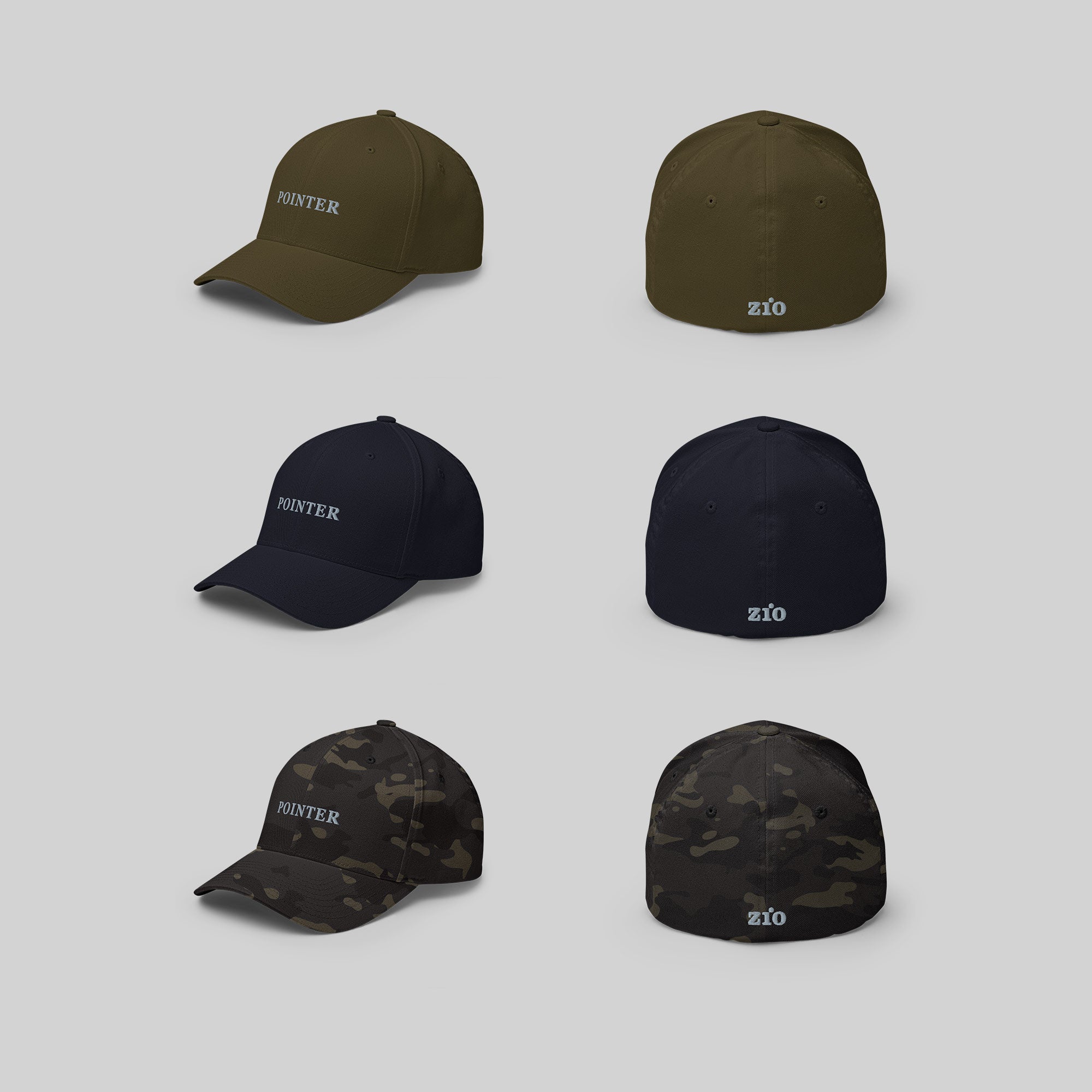 Pointer Cap by ZIO in green, blue and multicam, dog breed "Pointer" and ZIO logo embroidered.