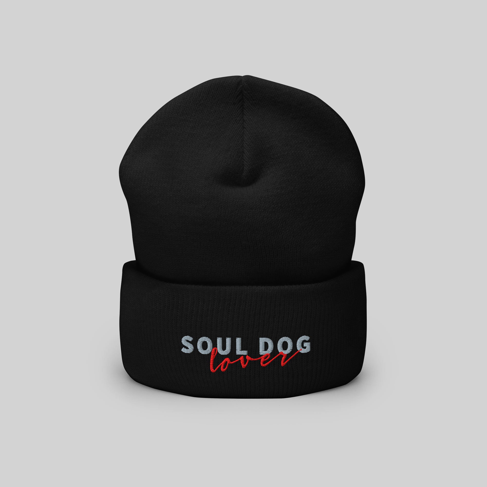 Soul Dog Beanie by ZIO in black, “Soul Dog Lover" embroidered.