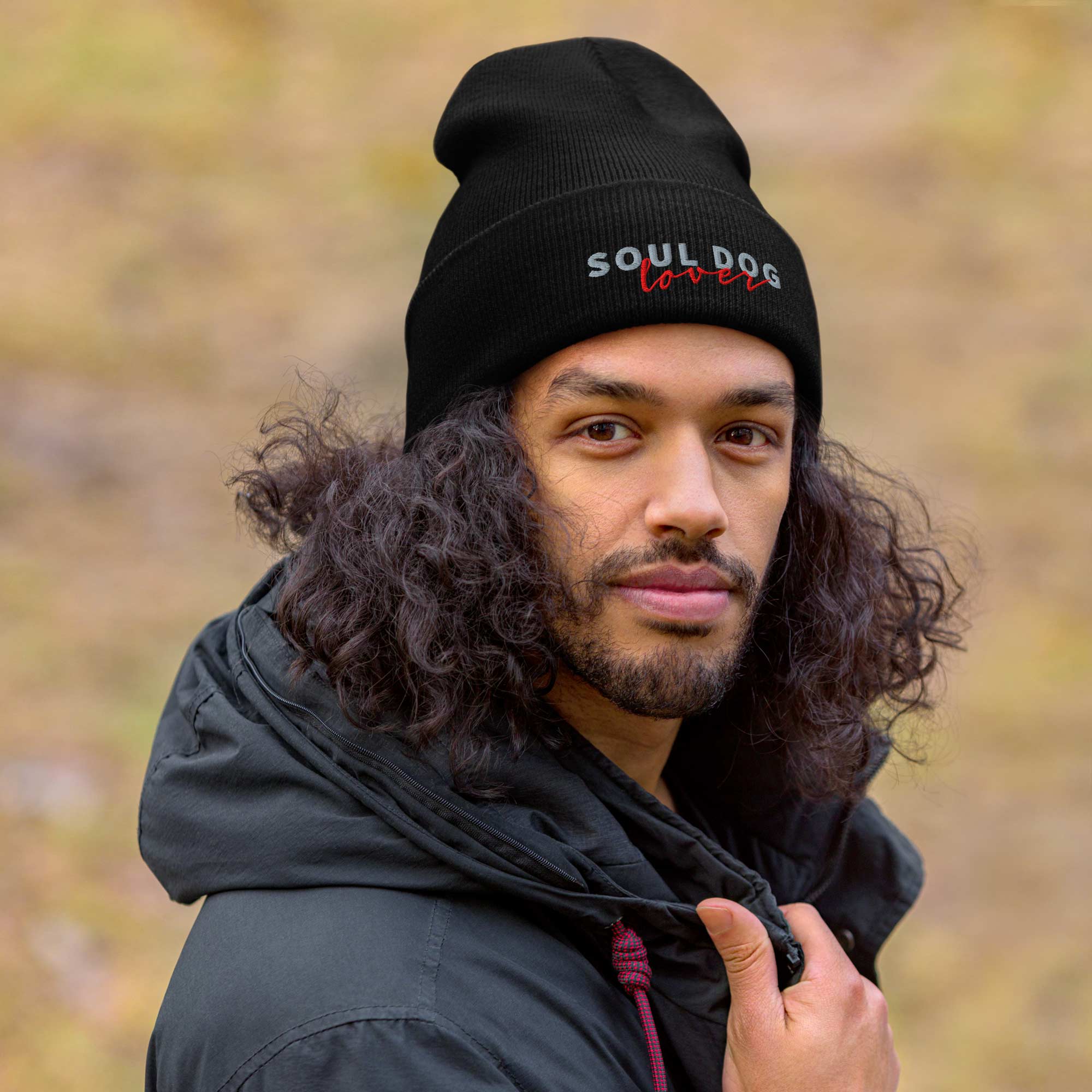 Man wearing a black Soul Dog Beanie by ZIO.