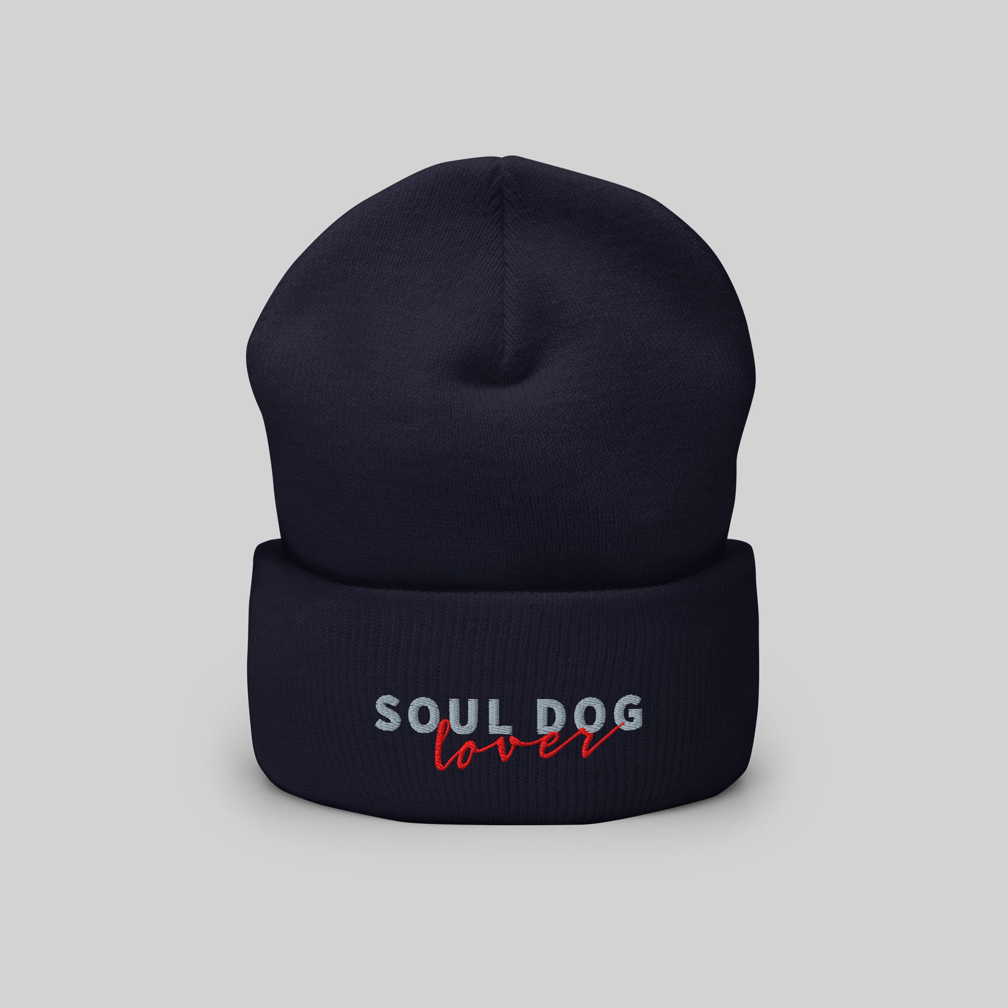 Soul Dog Beanie by ZIO in blue (dark navy), “Soul Dog Lover" embroidered.