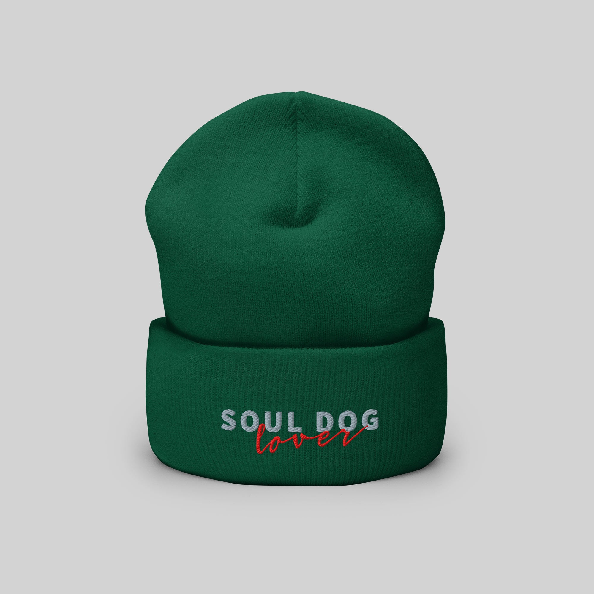 Soul Dog Beanie by ZIO in green (spruce), “Soul Dog Lover" embroidered.