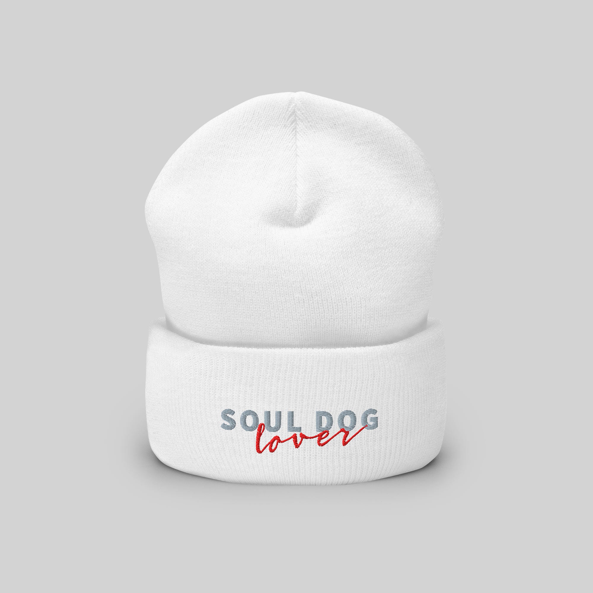 Soul Dog Beanie by ZIO in white, “Soul Dog Lover" embroidered.