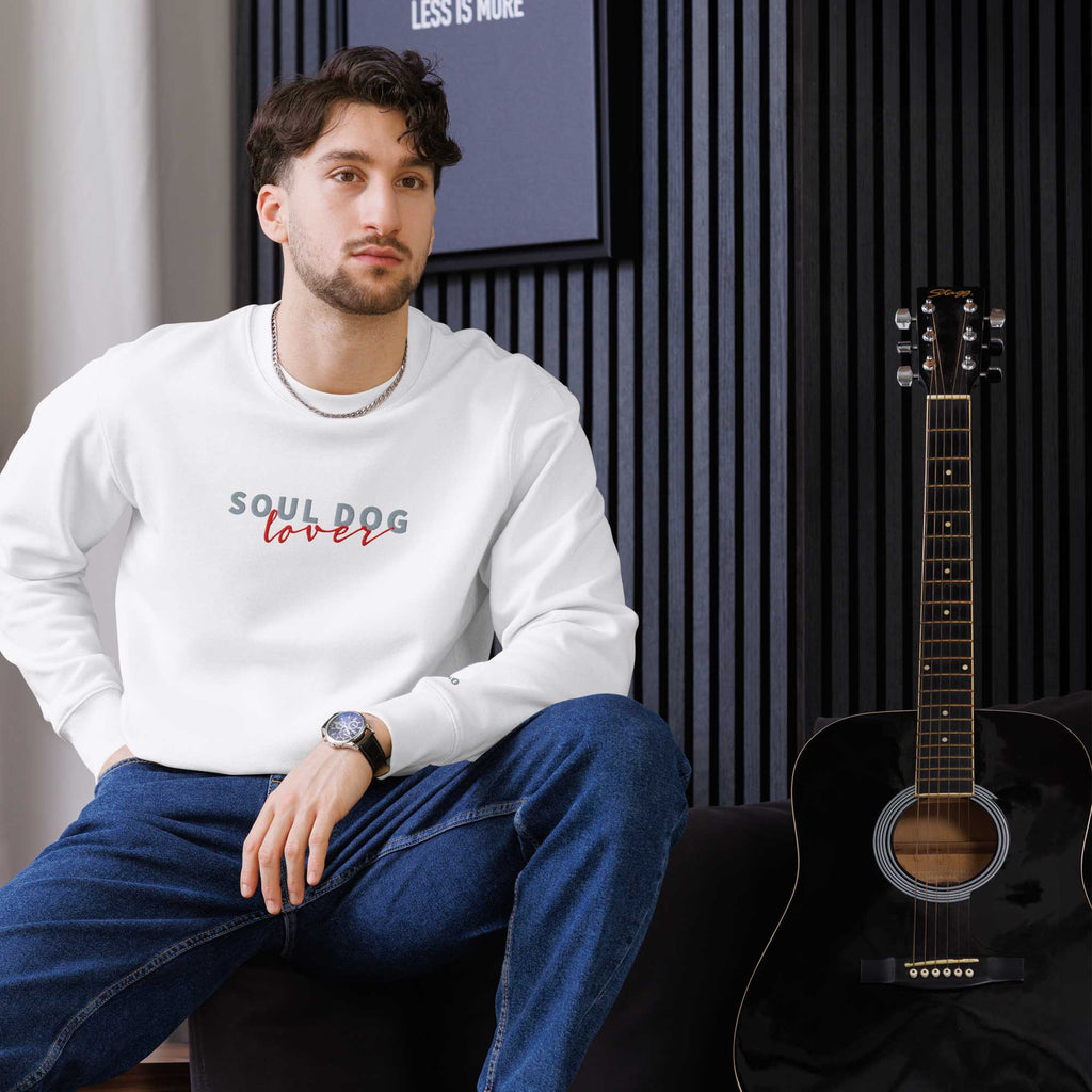 Man wearing a Soul Dog Sweatshirt by ZIO in white, “Soul Dog Lover" embroidered.