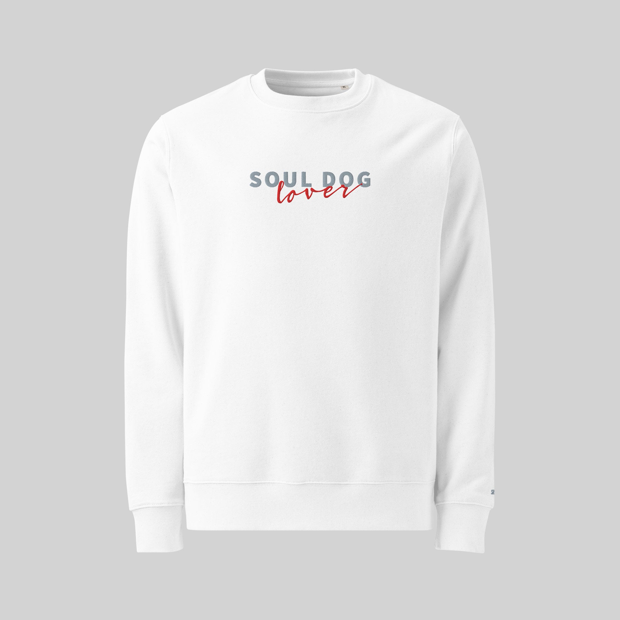Soul Dog Sweatshirt by ZIO in white, “Soul Dog Lover" embroidered.