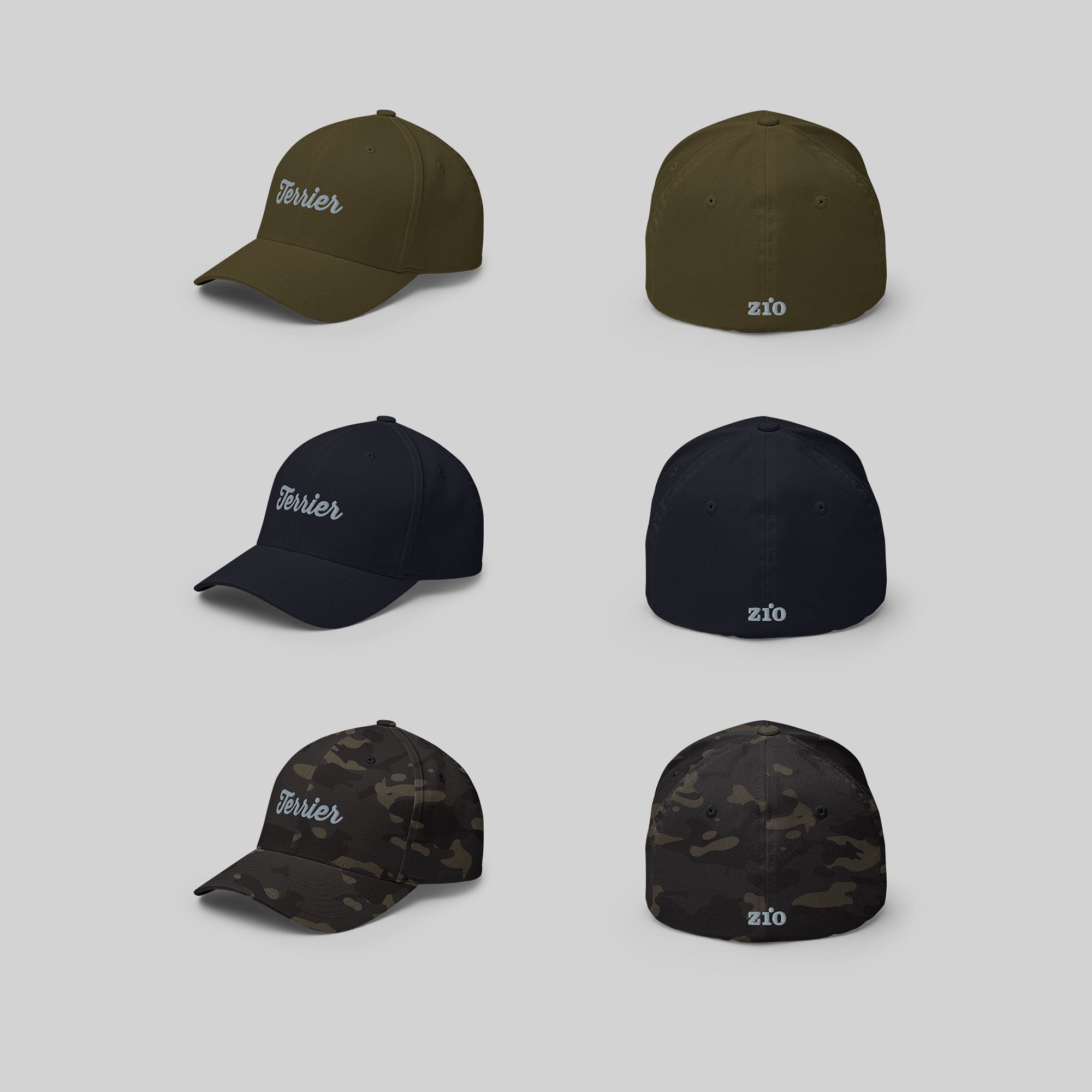 Terrier Signature Cap by ZIO in green, blue and multicam. Dog breed “Terrier” embroidered.