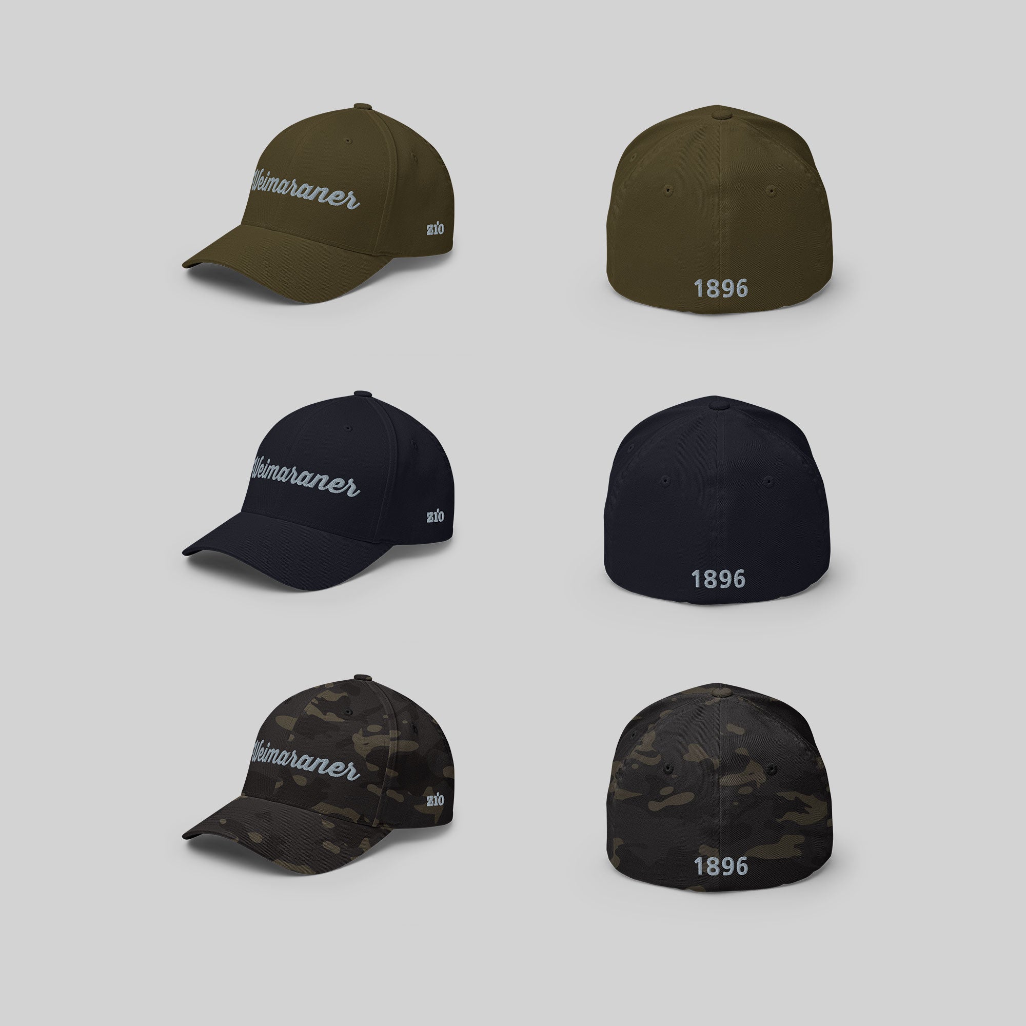 Weimaraner 1896 Cap by ZIO in green, blue and multicam. Dog breed "Weimaraner", "1896" and ZIO logo embroidered.