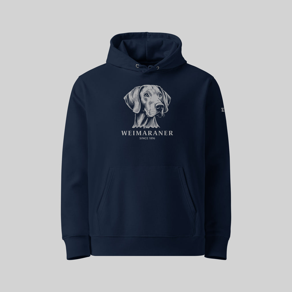 Weimaraner dog breed Hoodie in French Navy/ Blue by ZIO – Hand-drawn design, unisex organic cotton hoodie for dog lovers.