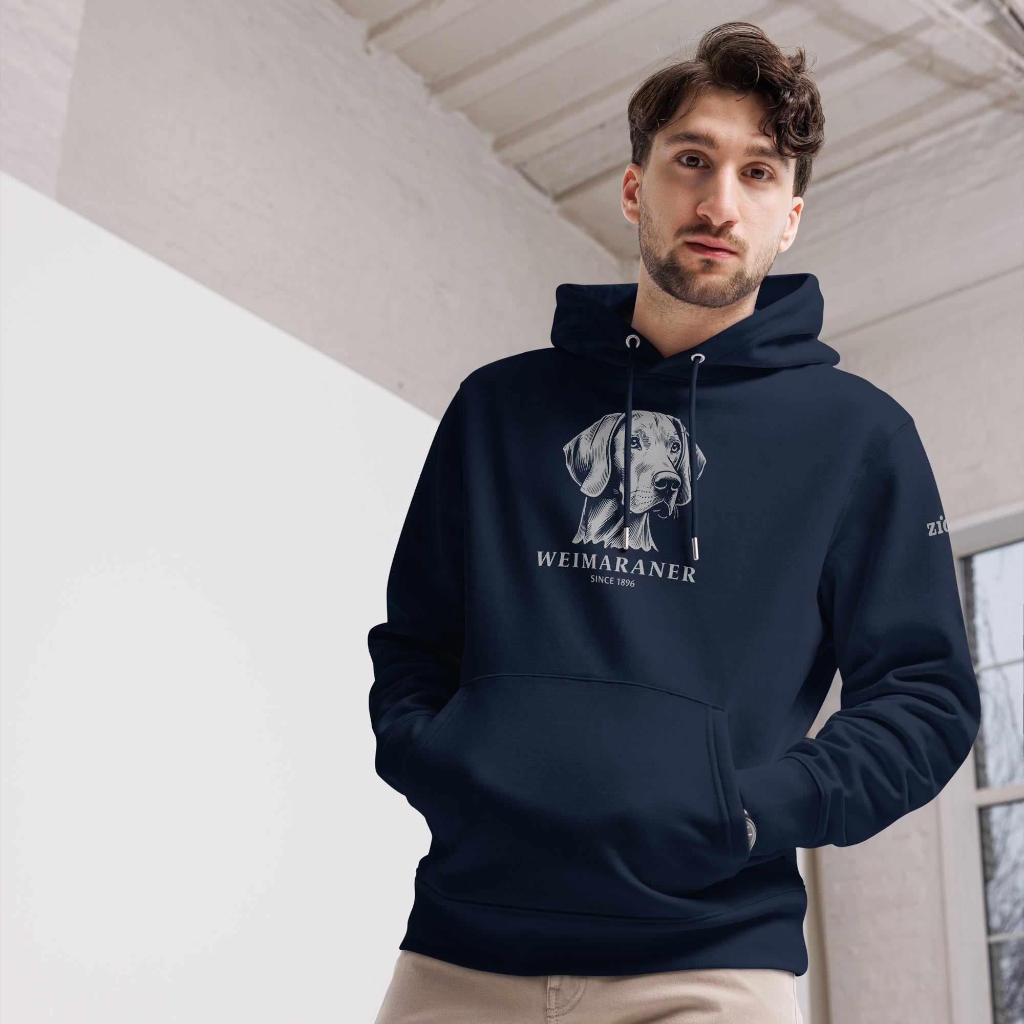 Man wearing a Weimaraner Hoodie in French Navy/ Blue by ZIO