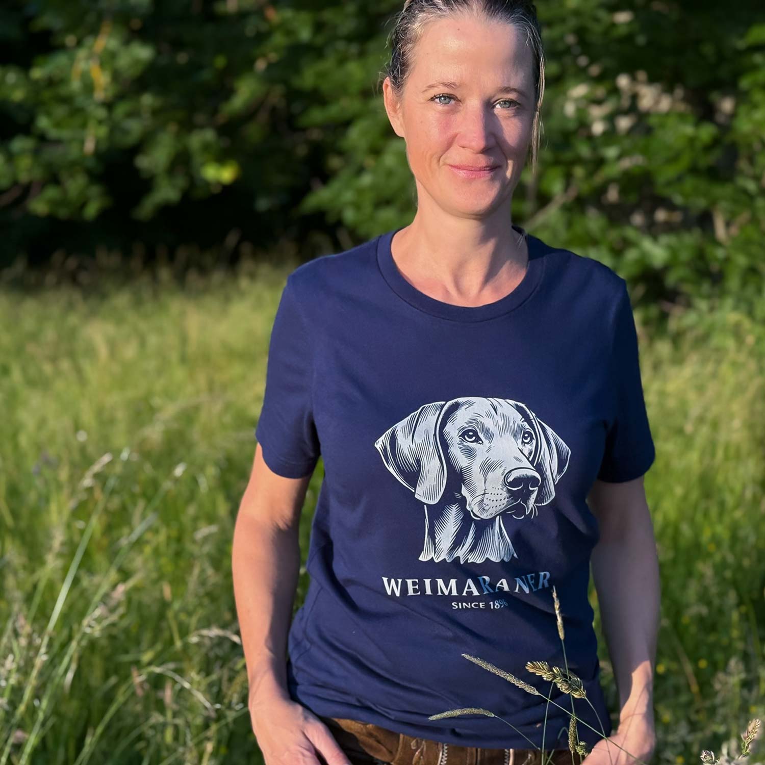 Woman wearing blue Weimaraner T-Shirt by ZIO
