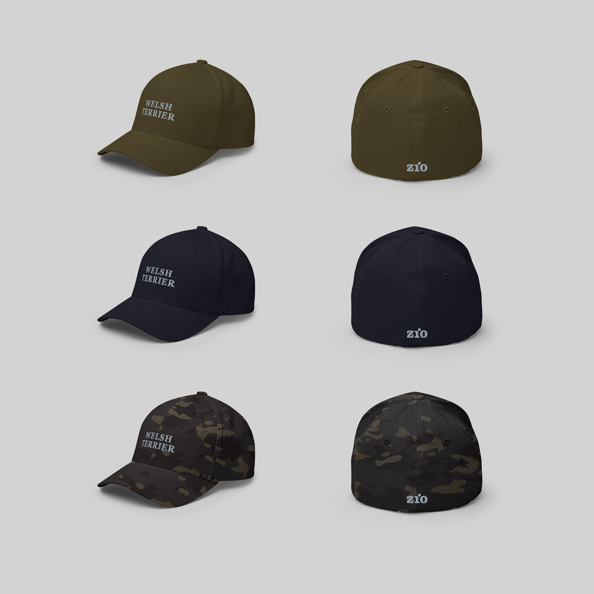 Welsh Terrier Cap by ZIO in green, blue and multicam, dog breed "Welsh Terrier" and ZIO logo embroidered.