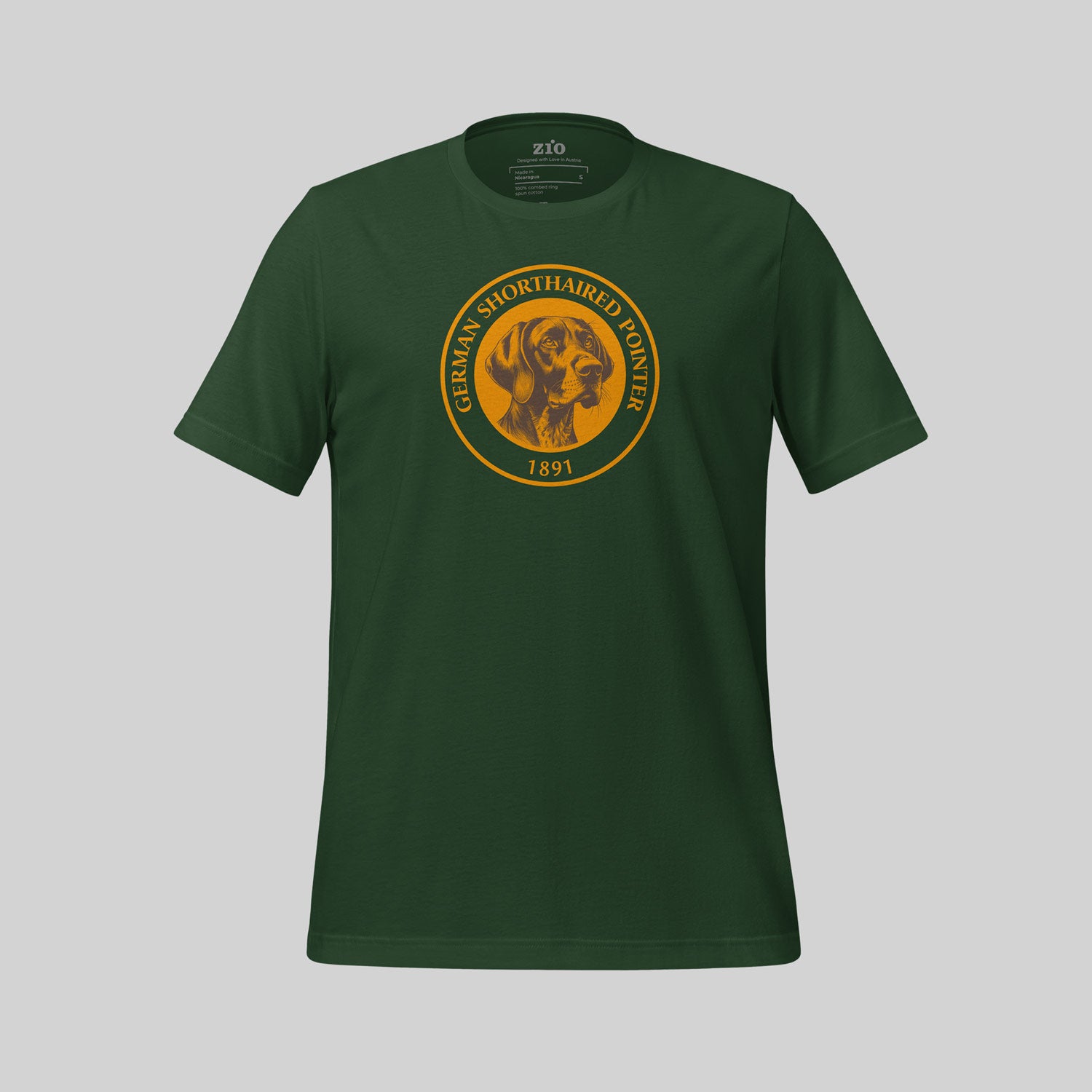 Green ZIO T-Shirt with orange German Shorthaired Pointer signet