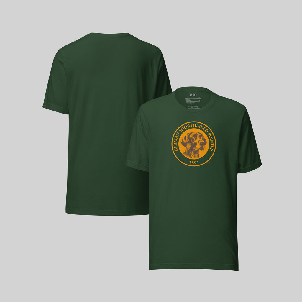 Green ZIO T-Shirt with orange German Shorthaired Pointer signet front back