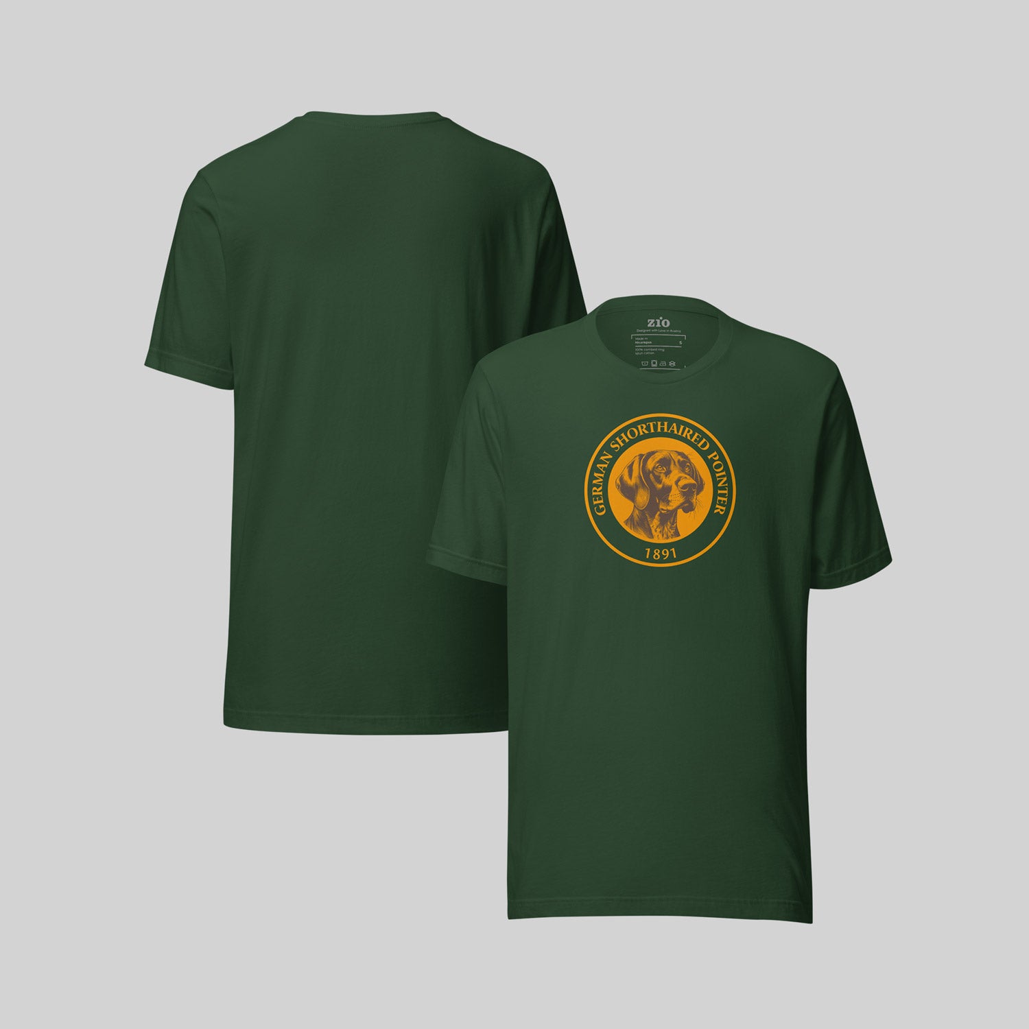 Green ZIO T-Shirt with orange German Shorthaired Pointer signet front back