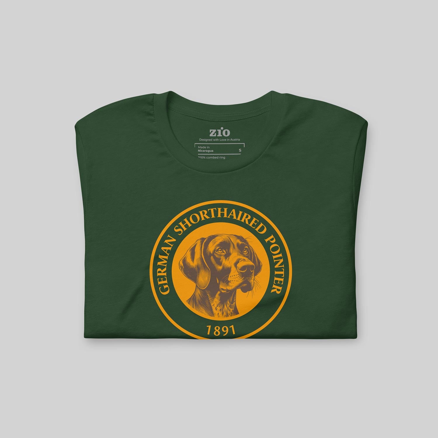 Green ZIO T-Shirt with orange German Shorthaired Pointer signet folded