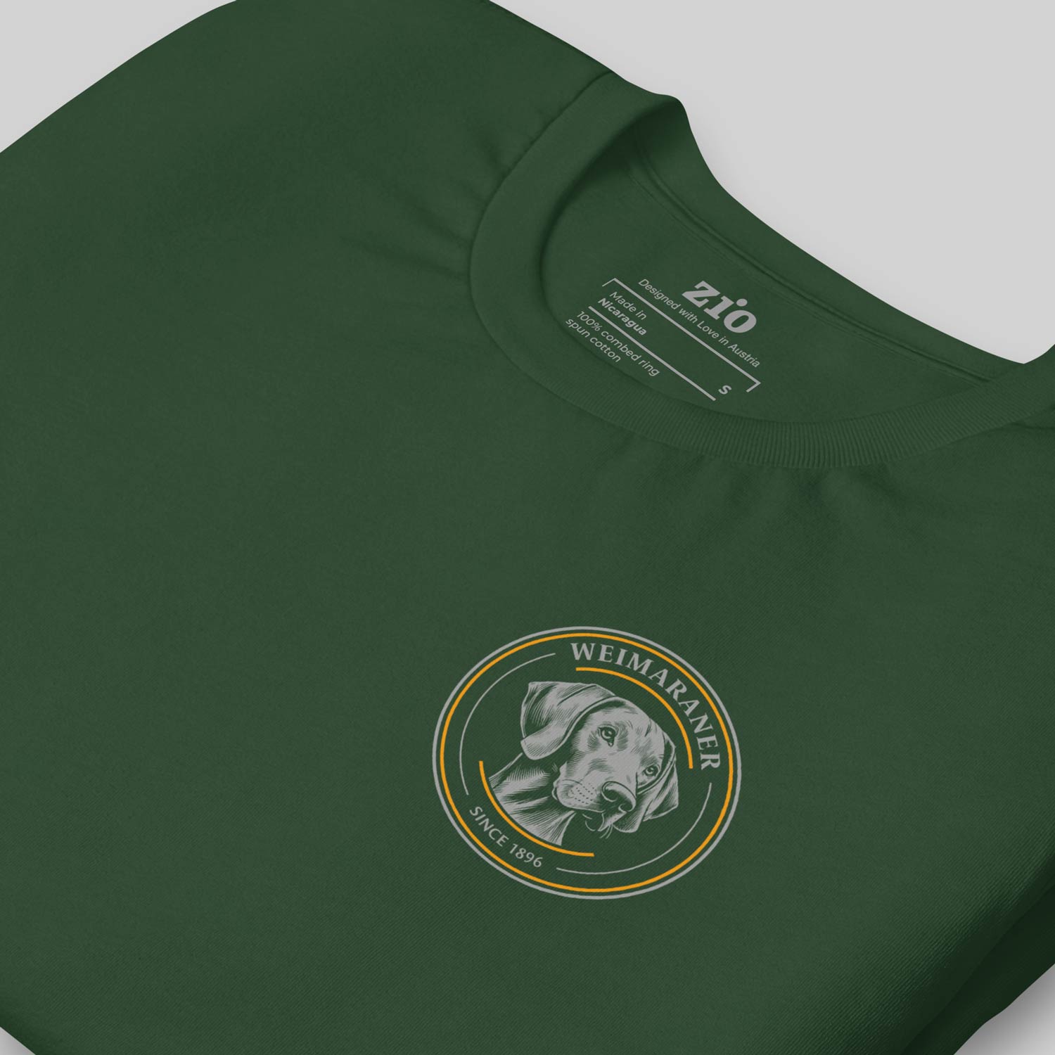 Weimaraner 1896 Hunt T-Shirt, Green, Crew Neck, detail - zio for paws
