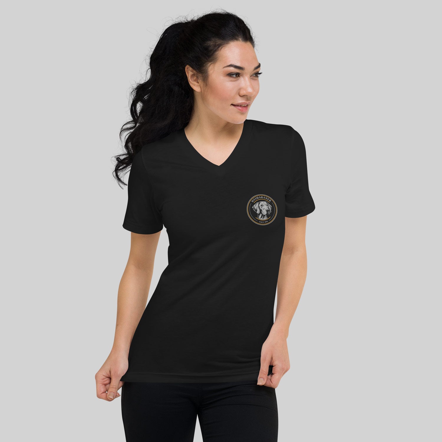 Woman wearing black ZIO T-Shirt with V-Neck Weimaraner 1896 Hunt 
