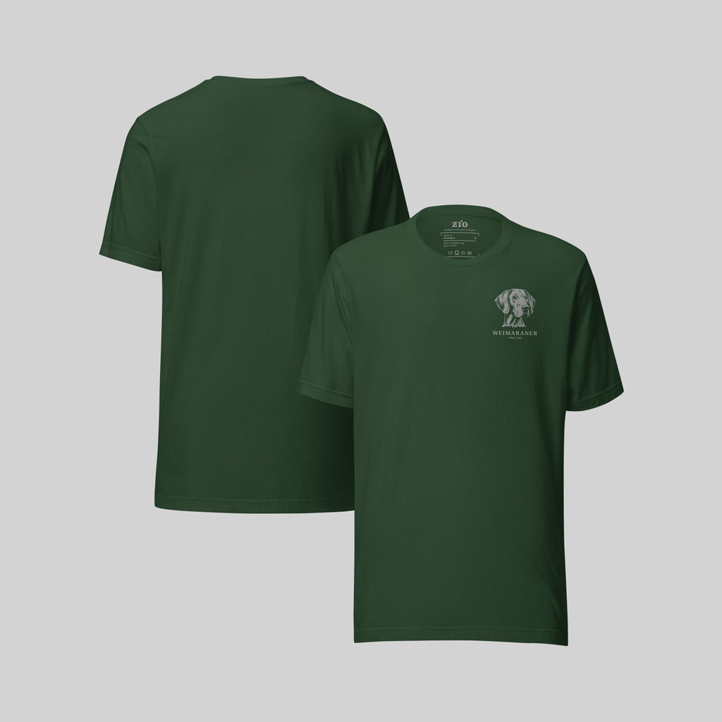 Weimaraner Hunt T-Shirt, Green, Crew Neck, front-back - zio for paws