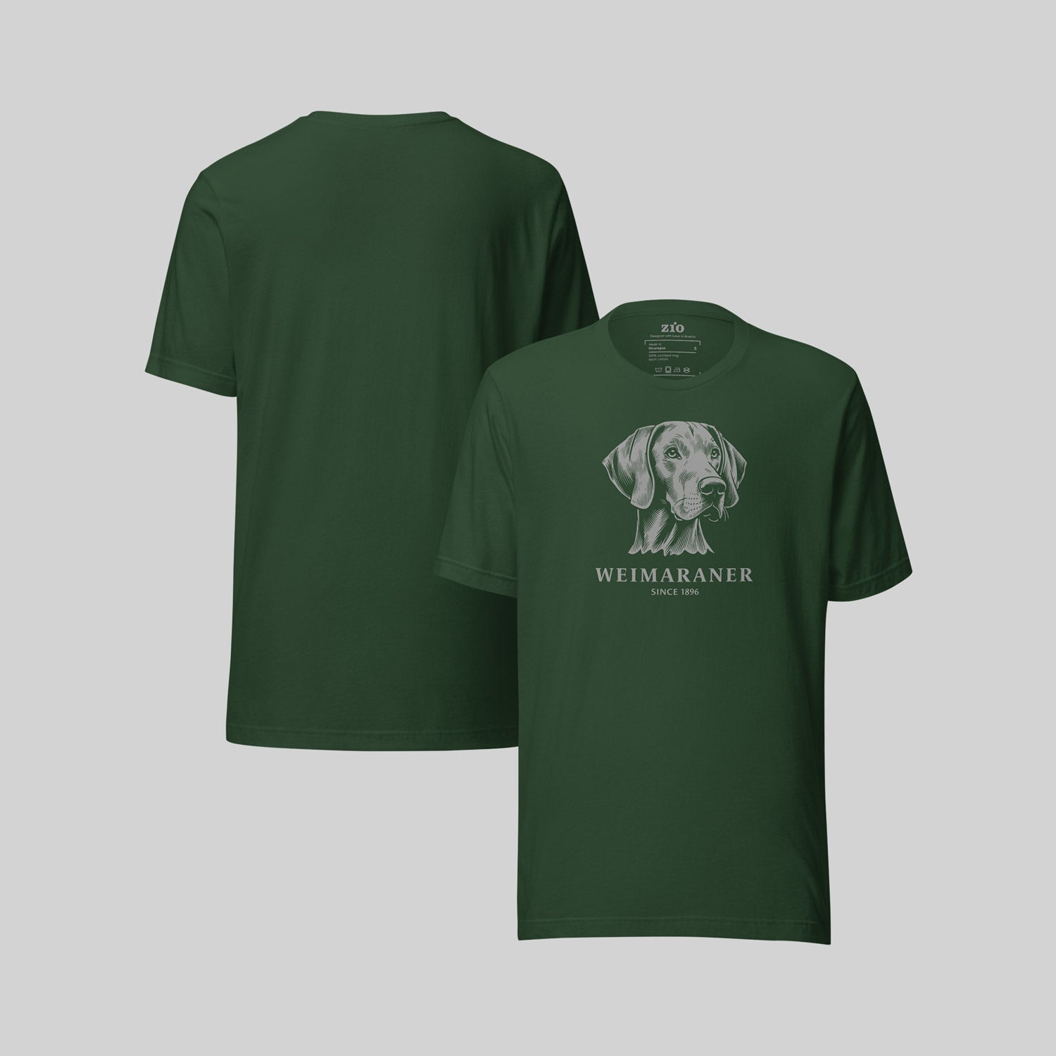 Green ZIO T-Shirt with hand-drawn Weimaraner illustration front, back