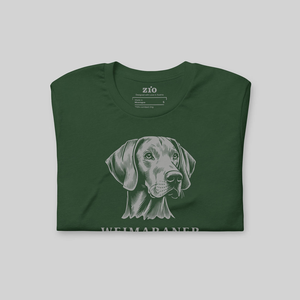 Green ZIO T-shirt with hand-drawn Weimaraner illustration folded